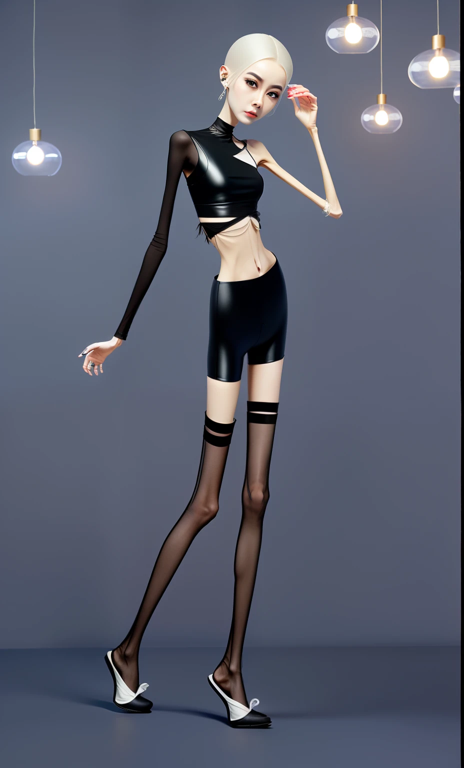 makeup, girl, Soft or colored lips, simple black background, minimalism, monotonous, bright color palettes, no shirt, white polka dot panties, socks, tied straight hair, standing on tiptoe, arms crossed, body expression angry woman looks up, side view, perspective, side, perfect anatomy, dynamic pose, perfect hands,