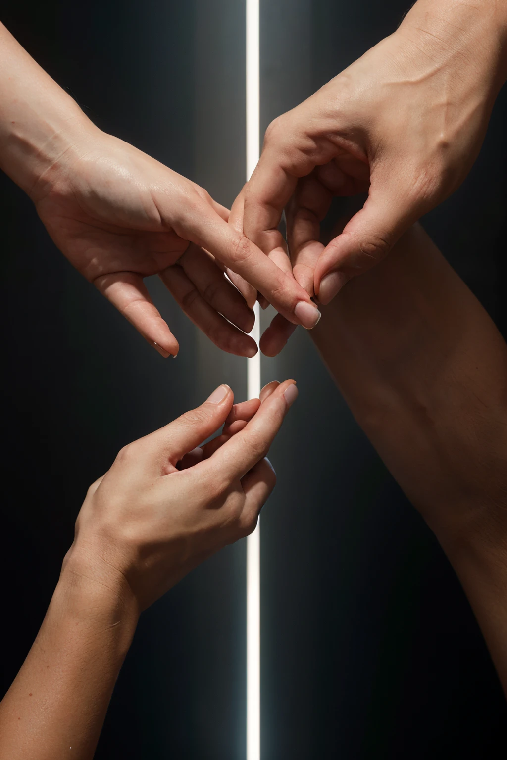 Create an ultra-realistic image that represents the connection between two people, where the hand of one of them reaches out to meet the hand of the other in a gesture of unity and equality, inspired by the iconic scene of the creation of Adam.