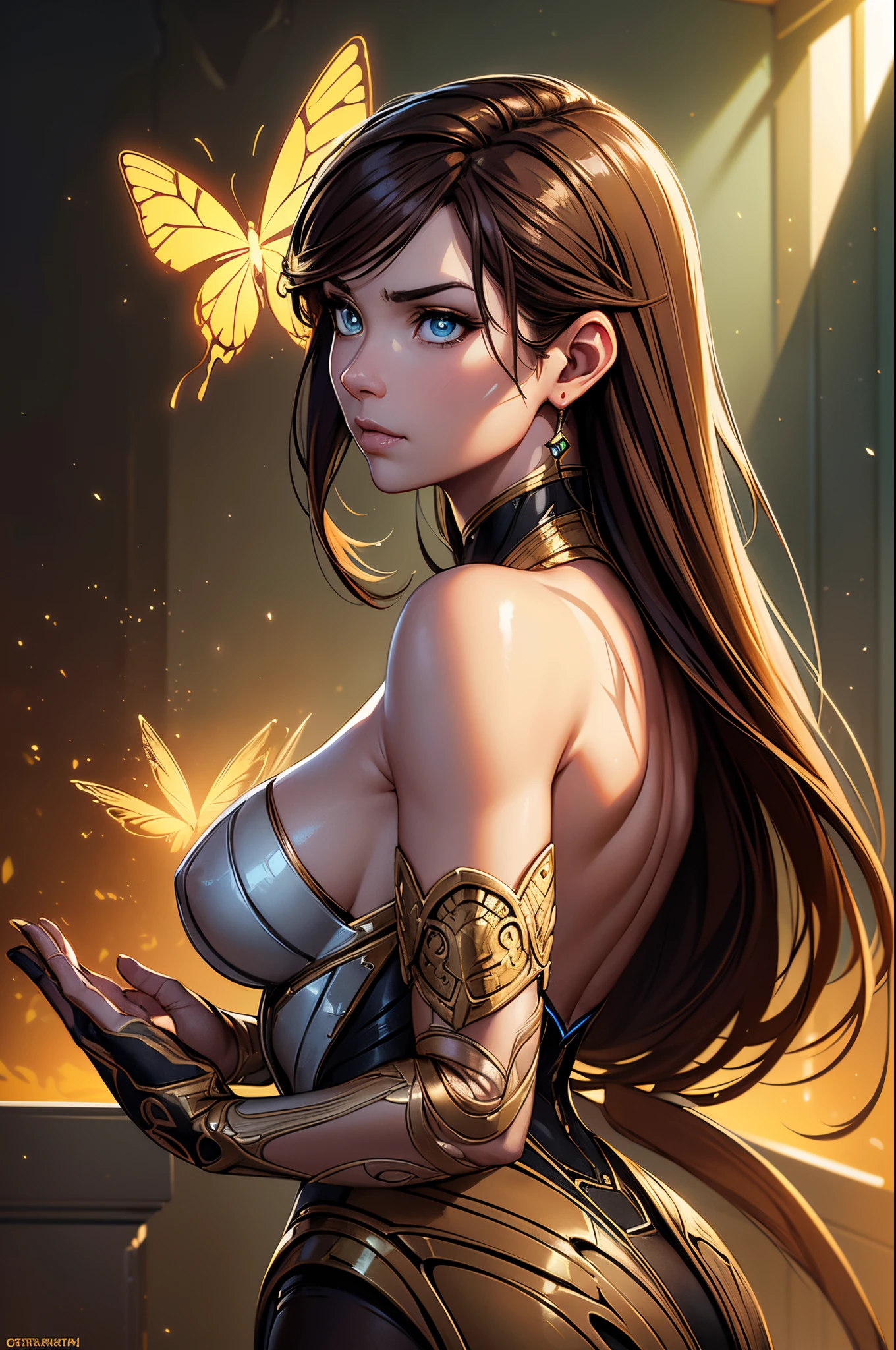 Portrait of a beautiful cyborg with 8k brown hair, intricate, elegant, highly detailed, majestic, digital photography, art by artgerm and Ruan Jia and Greg Rutkowski, surreal painting, golden butterfly filigree, broken glass, (masterpiece, side light, delicate beautiful eyes: 1.2), Human Development Report, back view