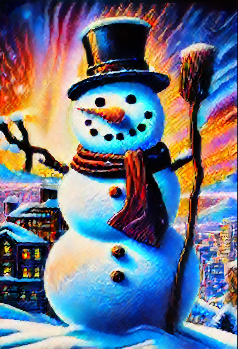 stunning oil painting of a nihilistic snowman, (edgy vibe smokes:1.1),  psychedelic cityscape with glowing aura background detail, surreal snow glow, nihilistic atmosphere, truly breathtaking experience, mesmerizing glow, intricate insane detail,