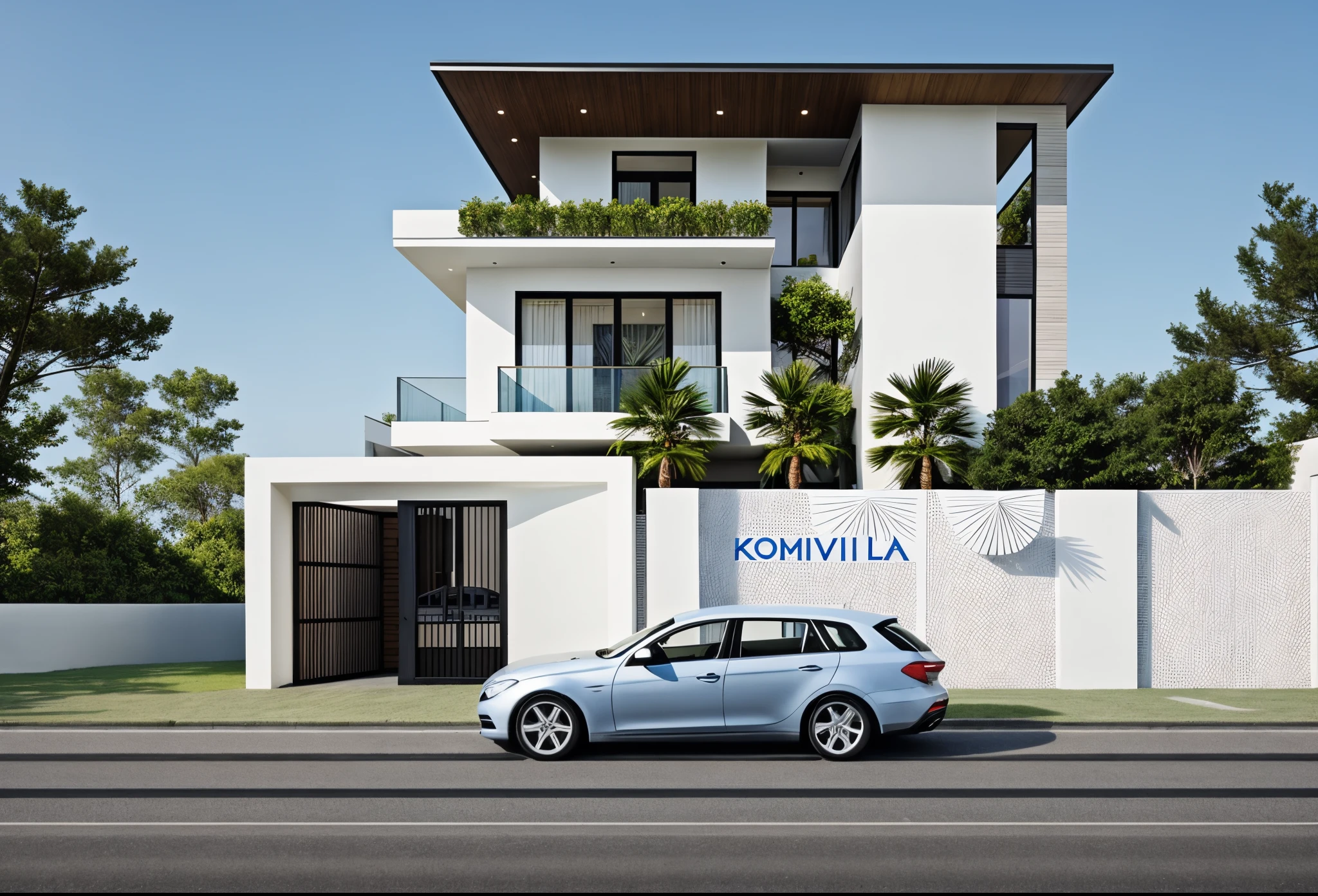 Overall the picture is about a townhouse with 2 facades, in front of the house and next to it is a road, The sky is blue, the main materials of the house include white paint, gray and brown wood, decorative green trees, and sidewalk green trees, in front of the house there is a white car, gray sidewalks and roads, daylight, clear picture quality, extremely detailed, professional camera
Feeling airy, light and comfortable, Large transparent blue glass