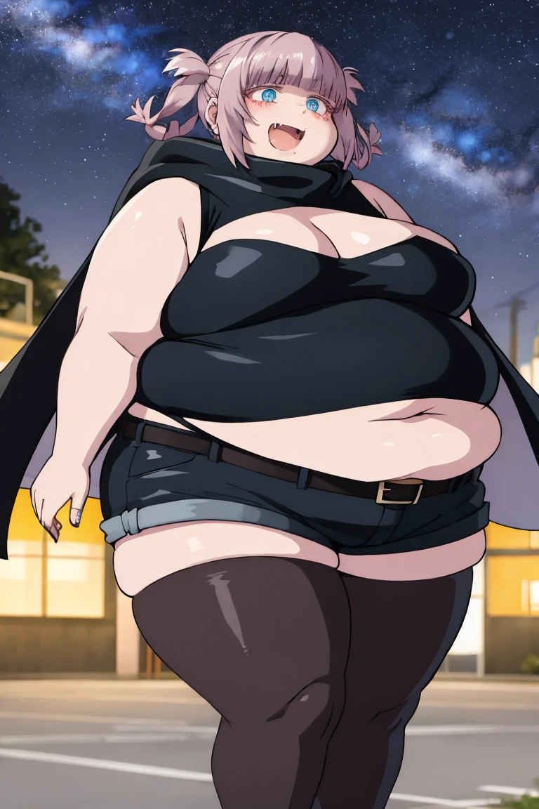 yofukashi background, street, starry sky,
1girl, solo,fat nanakusa nazusa, obese body, big cheeks, fat arms, fat belly, standing, looking at the viewer, open mouth, slight smile, fang, blue eyes, pink hair, hair rings, black cape, sleeveless turtleneck, cleavage cutout, navel, black shorts, black thighhighs, thick thighs, obese