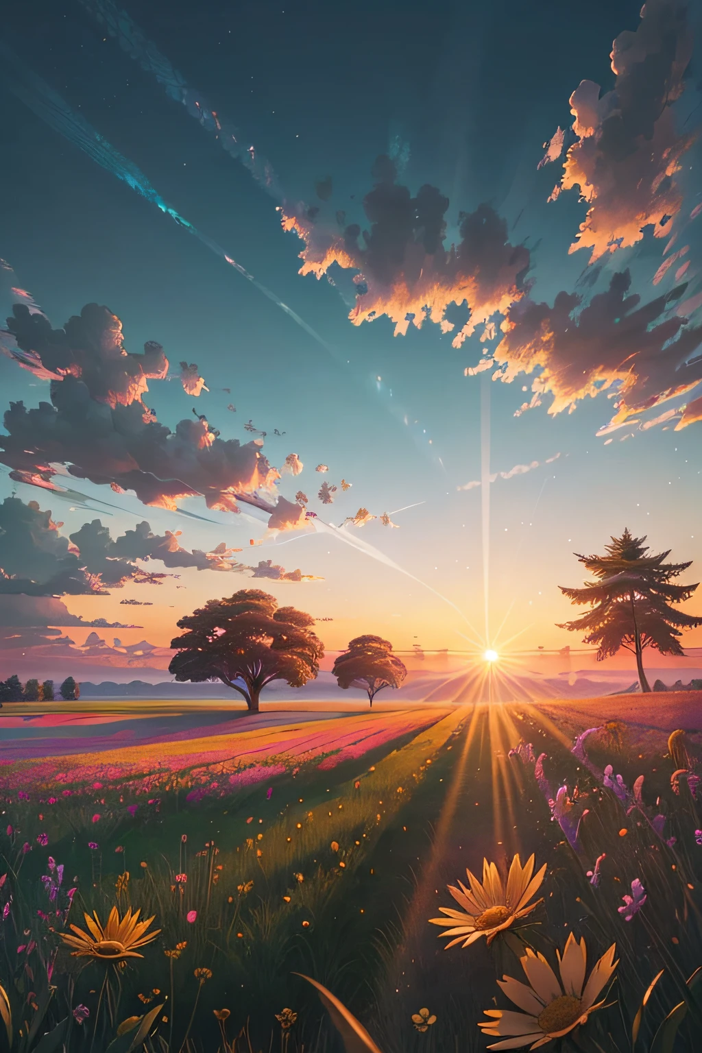 A vibrant sunrise over a tranquil meadow, with golden rays illuminating blooming flowers, dewdrops sparkling on the grass, and birds soaring in the clear blue sky. The scene is filled with a sense of renewal, warmth, and the promise of a fresh start. It captures the beauty and serenity of a new day dawning.