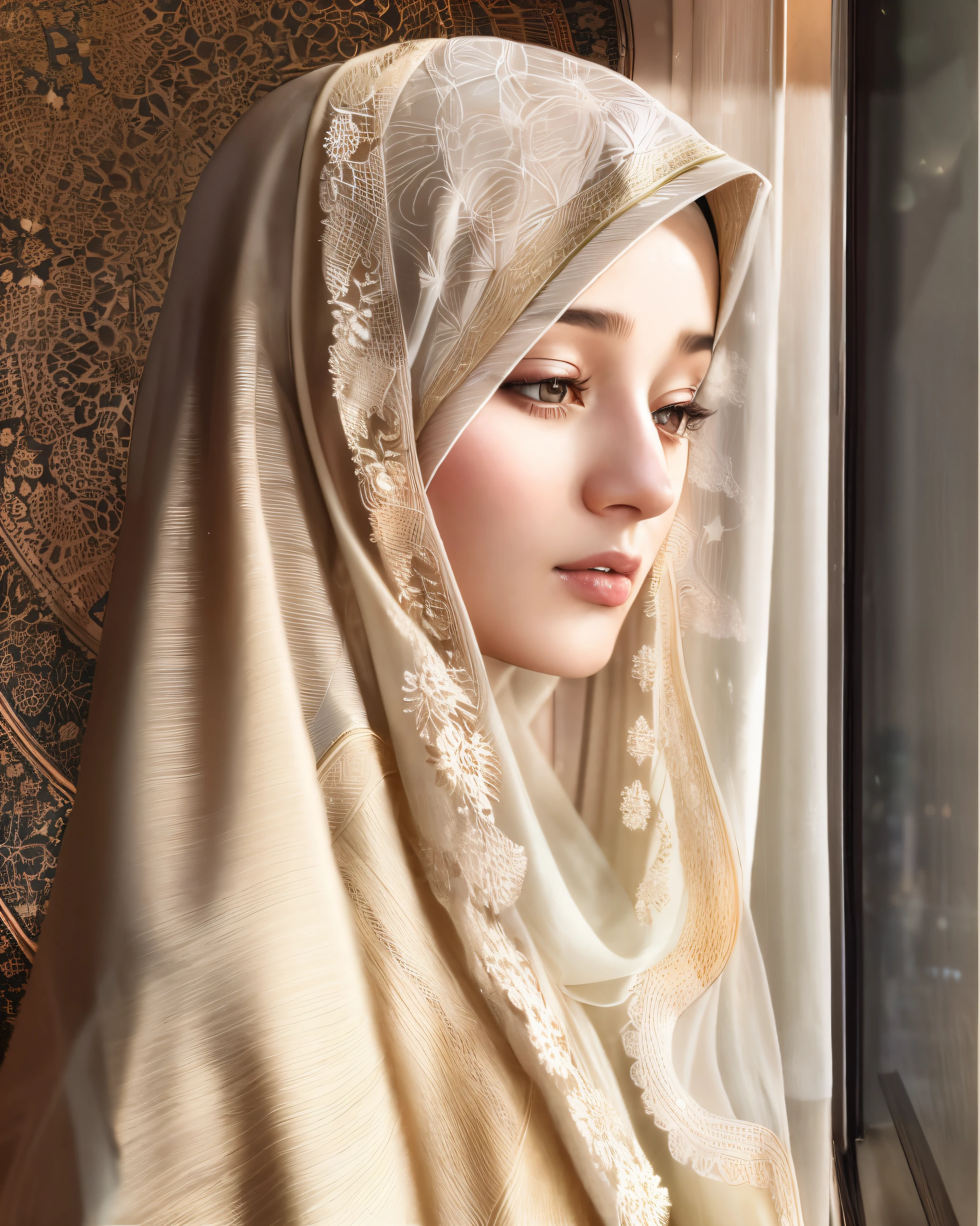 A close up of a woman wearing a veil and a head scarf - SeaArt AI