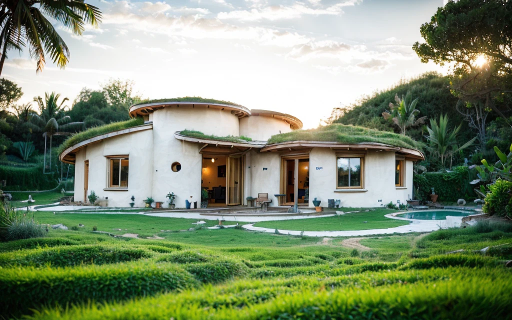 A photograph of a symmetrical contemporary house with curved, organic, angular, rounded and (((green roof))) with a (((Biological pool))) in the tropical backyard, white plaster (((rustic clay stucco))), (((wave-shaped green roof with a wooden edge))), (((wooden roof and rake fascia))), eaves, porch with wooden pillar, ((wooden frame roof)), No Bali (((Tropical garden))), ((rounded corner walls)), ((Rustic clay plaster)), (((rounded organic curves corners white walls))), (((rustic earth plaster, mud))), ((natural houses. Organic buildings, organic architecture)), Ecovillage, sustainable architecture, Bioconstruction, solarpunk architecture, (((grass roof, green roof, Green Wave Roof, rounded roof, vegetated roofs))), ((green architecture)), Passive house, (((Rock Foundation))), Clear sky in the background, Interdimensional Villa, a painful beauty, modern, imposing, organic architecture, green house, ((Bali Hadid Style) ), super resolution, cinemactic, color grading, editorial photography, photography, photo shoot, (((Dramatic top angle view of the front eye))), O 50mm, depth of field, intricate details, natural colors, sharp focus, light warm, shutter speed 1/1000, F/22, White balance, Ray Trace Reflections, Lumen reflections, screen space reflections, diffraction classification, chromatic aberration, GB offset, Partial lighting, backlight, natural lightting, Scan lines , Ambient occlusion, antialiasing, Shaders, OpenGL-Shaders, GLSL-Shaders, Post processing, post - production, Shading, Tone Mapping, Insanely detailed and intricate, hypermaximalist, elegant, hyperrealistic, super detailed, dynamic pose, Fujifilm XT3