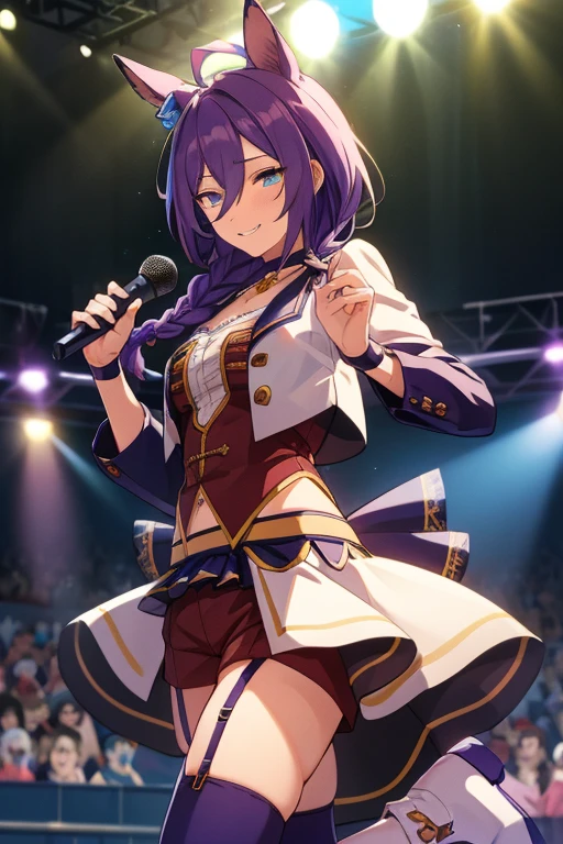 long hair, mole under mouth, purple hair, single braid, hair between eyes, cyan eyes, sharp teeth, ahoge, blush, smile, cowboy shot, best quality,masterpiece, high res,original, beautiful detailed eyes,ultra-detailed, 1girl, solo, (starting future), choker, red shorts, short shorts, long sleeves, purple thighhighs, white jacket, vest, garter straps, boots, white footwear, wrist band,shirt,white skirt, over skirt, high heels, looking at viewer,  smile, stage, stage lights, on_stage, concert, glowstick, idol, holding_microphone, microphone, spotlight, horse ears