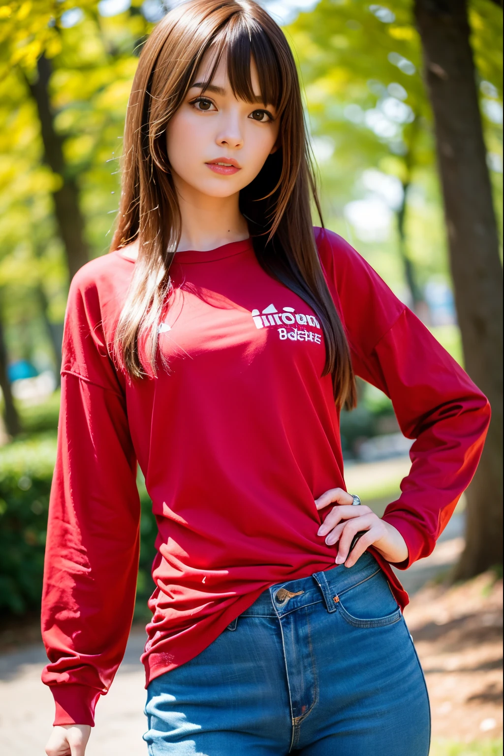 very skinny ,  long hair , teen caucásico  girl  max caulfield ,large eyes  ,shallow depth of field , 
 blurry, red lips, brown hair  ,  ,  , soft skin, , expressive eyes ,
 , , long sleeve red  t-shirt,  jens pants , park