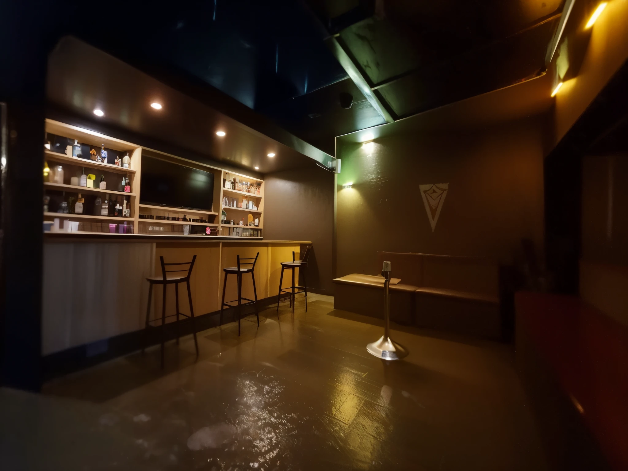 there is a bar with many stools and a table, bar de mergulho mal iluminado, an empty room at night, comfortable environment, ambiente muito escuro, barra em segundo plano, completamente vazio, Sala VIP, dentro de um bar, 1 9 2 0's estilo speakeasy, dive bar with a karaoke machine, 2 4 mm iso 8 0 0