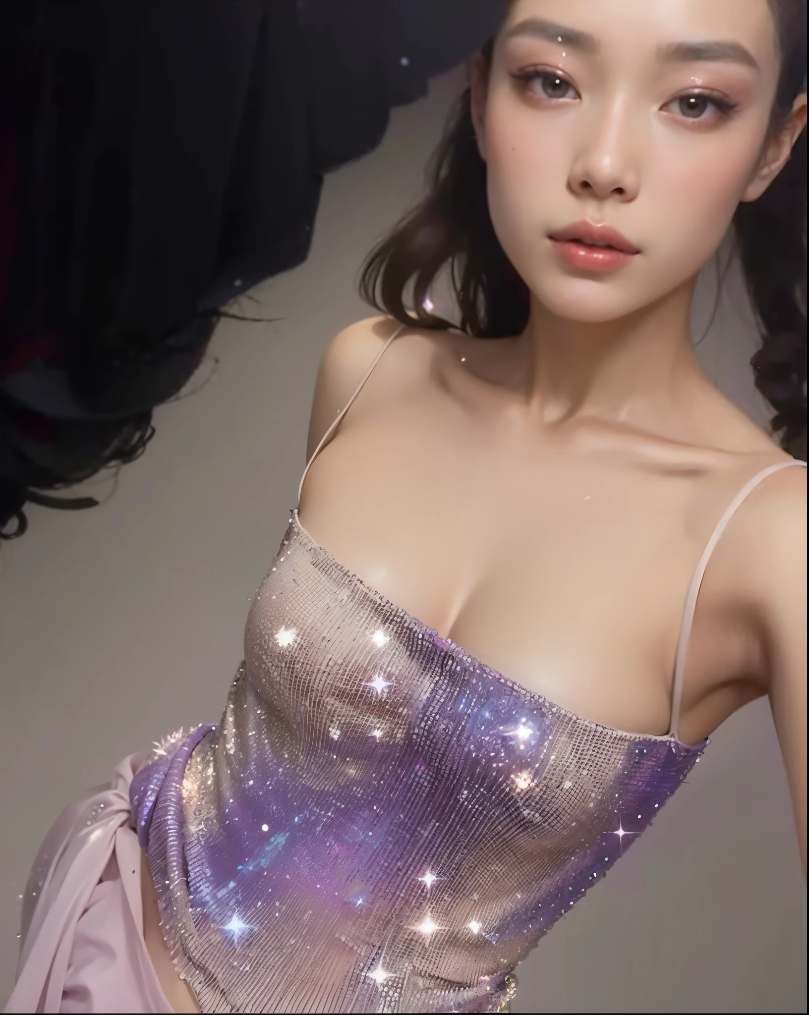 um close up de uma mulher com um vestido roxo posando para uma foto, usando um vestido feito de estrelas, usando um vestido cintilante, lingerie iridescente brilhante pura, Esposa, 2 0 2 0 moda, vestido de glitter, glowing magical shiny skin, Glitter gif, Yanjun Chengt, com estrelas, Sha Xi, vestido sexy, com cintura fina, magic robe