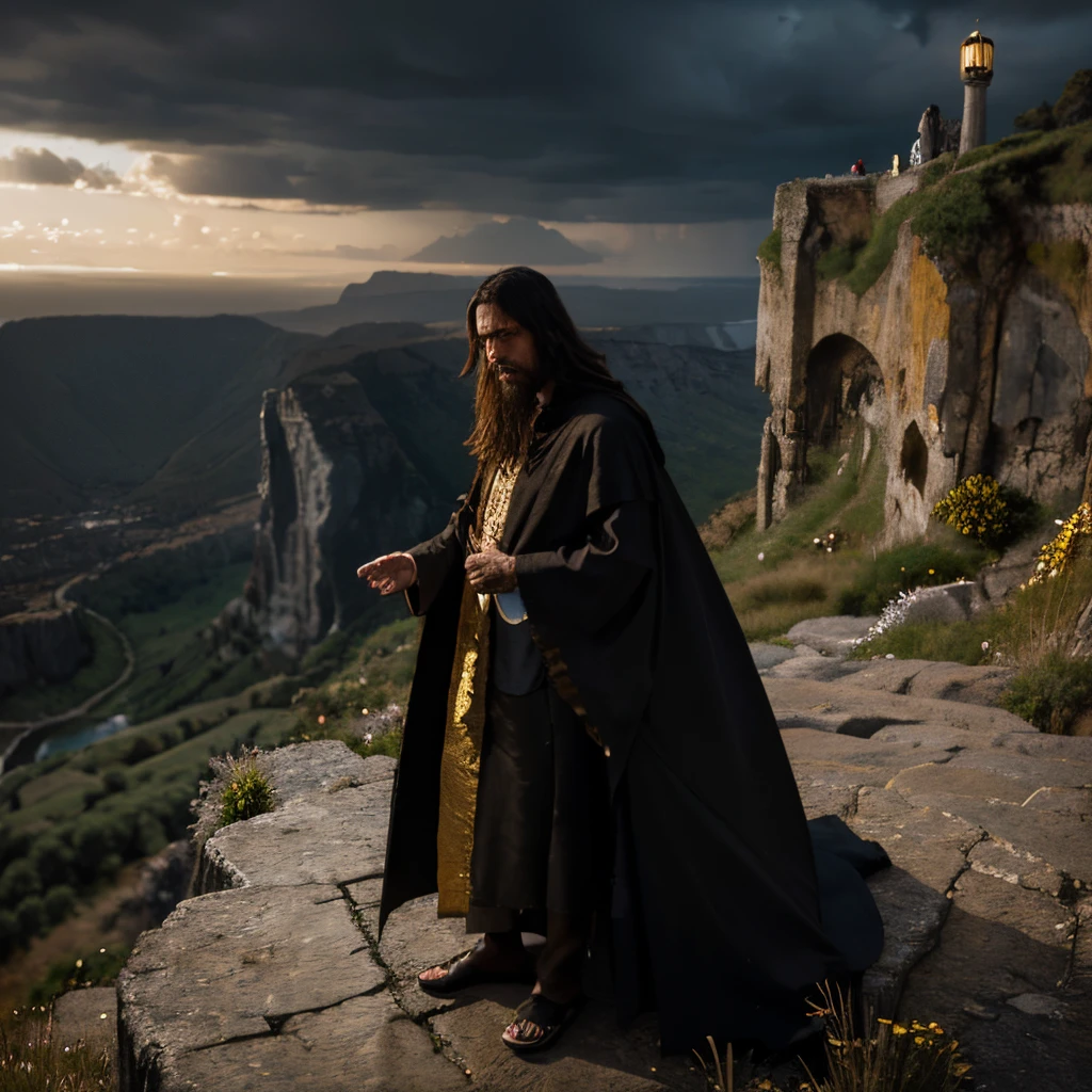 A prophet in flowing robes, standing on a cliff. His eyes are fixed on a pile of shiny golden coins stretching out before him.. The scenery includes dark clouds, symbolizing the dark consequences of your greed-driven choices.