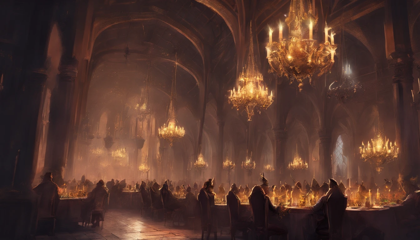 medieval fantasy royal banquet celebration that is regal with bright chandeliers and dark magic aesthetic