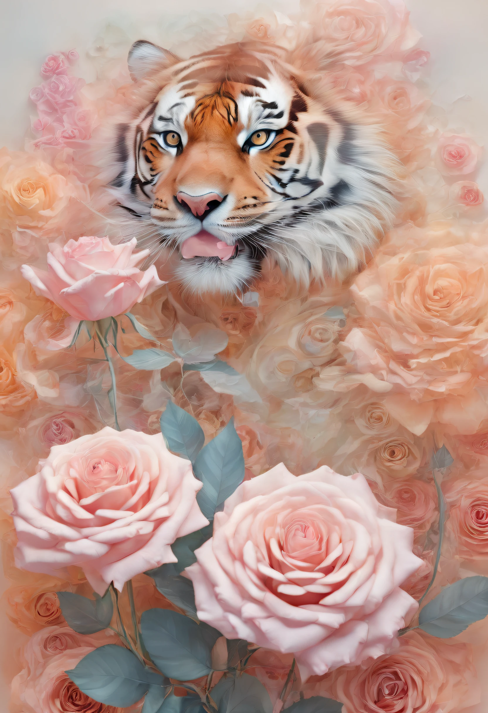 Tiger,Rosa flowers,(Doubleexposure:1.8),Tiger olfactory rose,Complex illustrations in surrealist art style,Surreal dreams