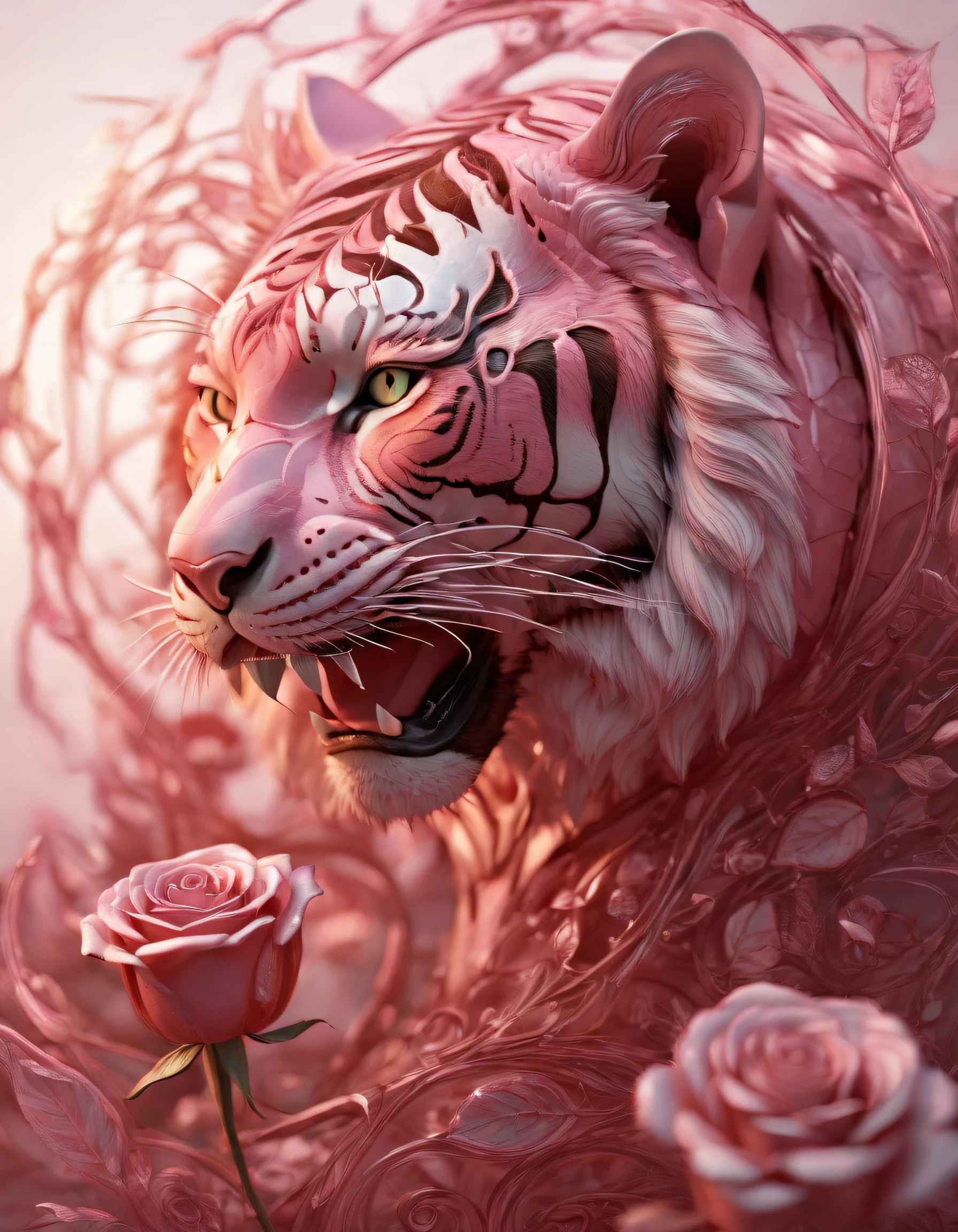 tigre,Rose flower image foreground,(Doubleexposure:1.8),Complex illustrations in surrealist art style,Surreal dreams