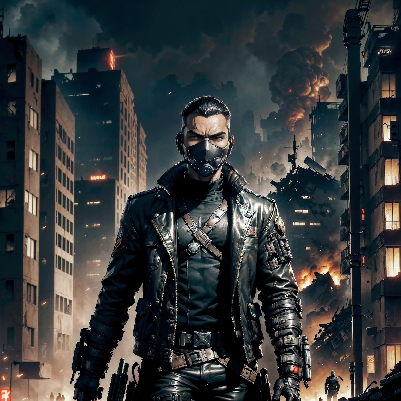 (anti-hero character), (1boy), (comics style), (assassin), (cyberpunk), (steampunk), (black face mask), (hands in pockets), (Apocalypse background), (doomsday background), (World War III), (the building collapsed), (toned body), (cool pose), (military style clothing), (techwear style clothing), (Masterpiece), (High Resolution), (best quality), (8k), (Sci-fi fantasy), (Portrait)