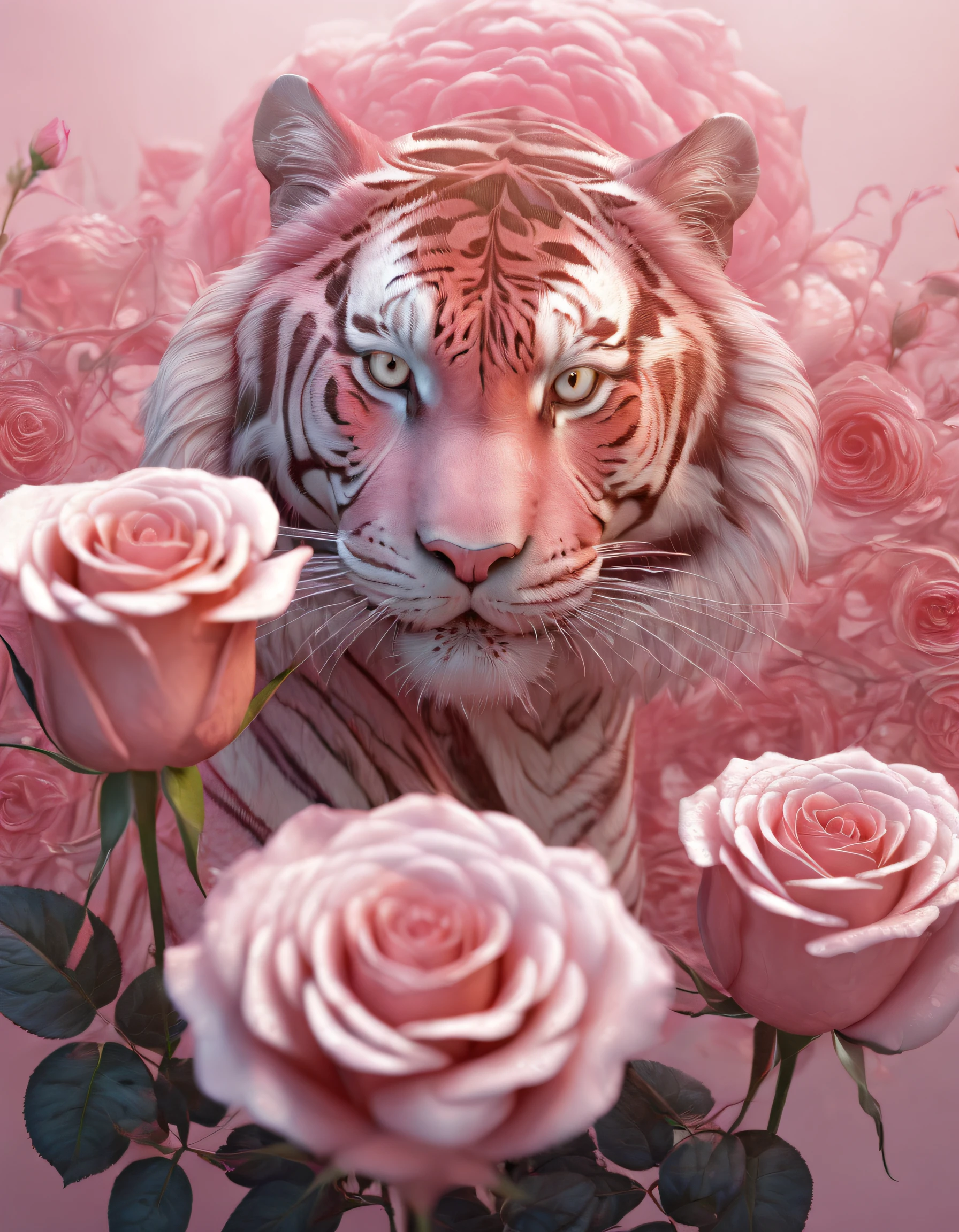 tigre,Rose flower image foreground,(Doubleexposure:1.8),Complex illustrations in surrealist art style,Surreal dreams