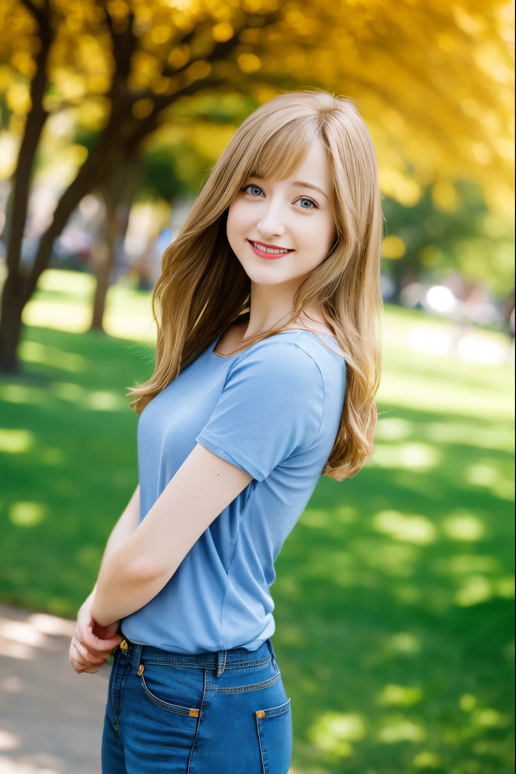 very skinny ,  long hair ,  american  girl  Allison Mack ,large eyes  ,shallow depth of field , brown hair ,red lips, 
 blurry, , blonde hair  ,  feliz  , soft skin, ,  ,
 , ,  blue  t-shirt,  jens pants , park selfie