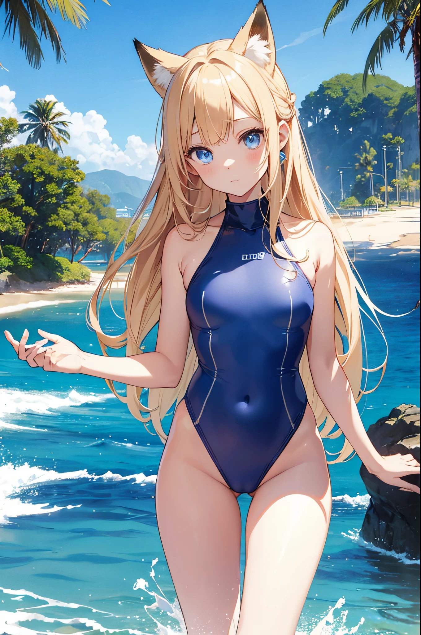 top-quality、extremely delicate and beautiful、Soio、Soio、Blonde blue-eyed、Canine ears、Long、(blue high neck one piece swimsuit)、Princess、Princess、Shy face、is standing、Facing the front、Empty beach in the background、Very young、8years old、Fox ears、Full body display、