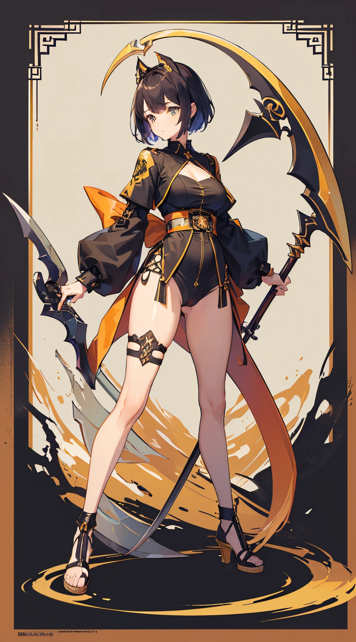 1girl, short amber hair,(masterpiece, top quality, extreme detailed,colorful,perfect anatomy ,(( fullbody)), standing, round shirt , sexy pose, carrying a large scythe , standing pose, look at viewer, bad sex, thicc