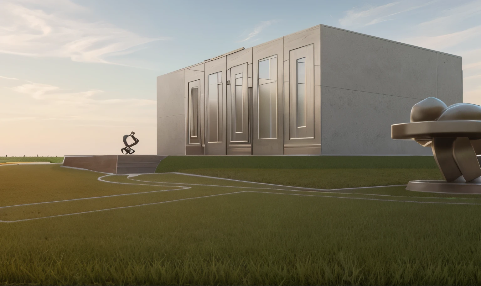a rendering of a plaza in front of one office building, stone pathway to building and from right to left, one steel sculpture on the left and one steel sculpture on the right, hilly grass between building and plaza, ((nice grass lawn)), beautiful sky, daylight, bright daylight, two-point perspective, human perspective, realistic, masterpiece, ultra-detailed, 4K, photographic rendering, commercial rendering, modern