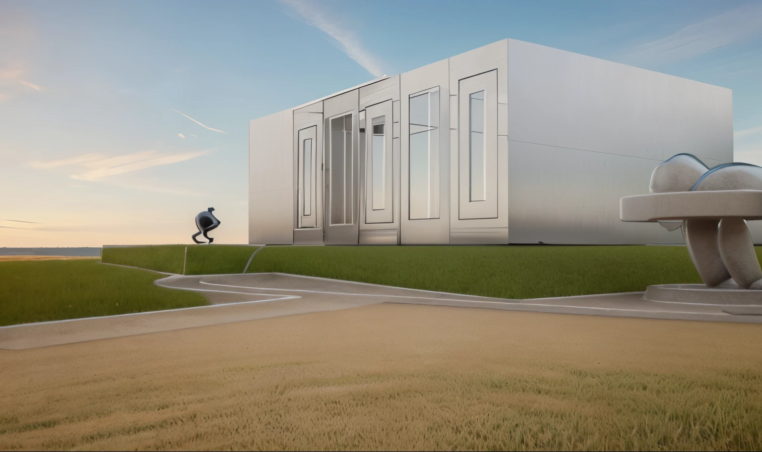 a rendering of a plaza in front of one office building, stone pathway to building and from right to left, one steel sculpture on the left and one steel sculpture on the right, hilly grass between building and plaza, ((nice grass lawn)), beautiful sky, daylight, bright daylight, two-point perspective, human perspective, realistic, masterpiece, ultra-detailed, 4K, photographic rendering, commercial rendering, modern