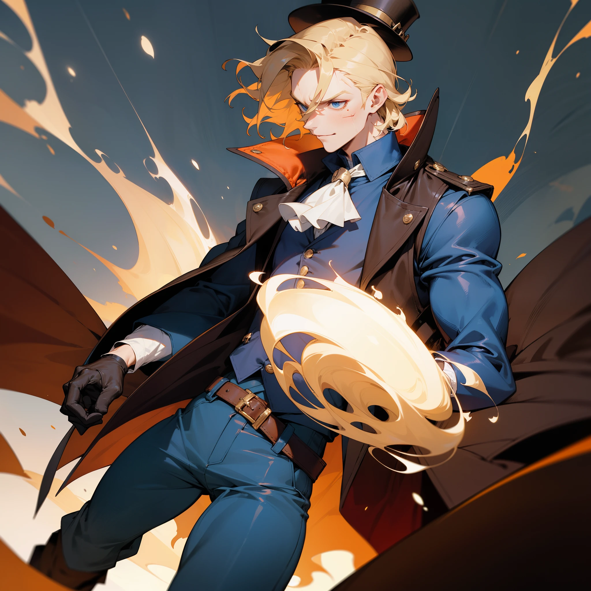 tall ,lean , muscular, guy , mid part short hair, Wavy blond hair , serious, confident smile , left eye burn scar, long black jacket with a buckle on the left sleeve, with a blue shirt and vest, a frilled cravat, and a simple belt holding a pair of loosen light-blue pants with black boots , He also wears a pair of brown gloves and A , TOP BLACK HAT , top hat with goggles over the band , holding pipe as weapon bahind back , have fire around him in dramatic way