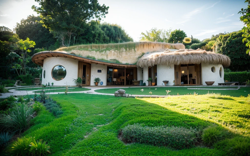 A photograph of a symmetrical contemporary house with curved, organic, angular, rounded and (((green roof))) with a (((Biological pool))) in the tropical backyard, white plaster (((rustic clay stucco))), (((wave-shaped green roof with a wooden edge))), (((wooden roof and rake fascia))), eaves, porch with wooden pillar, ((wooden frame roof)), No Bali (((Tropical garden))), ((rounded corner walls)), ((Rustic clay plaster)), (((rounded organic curves corners white walls))), (((rustic earth plaster, mud))), ((natural houses. Organic buildings, organic architecture)), Ecovillage, sustainable architecture, Bioconstruction, solarpunk architecture, (((grass roof, green roof, Green Wave Roof, rounded roof, vegetated roofs)) ), ((green architecture)), Passive house, (((Rock Foundation))), Clear sky in the background, Interdimensional Villa, a painful beauty, modern, imposing, organic architecture, green house, ((Bali Hadid Style) ), super resolution, cinemactic, color grading, editorial photography, photography, photo shoot, (((Dramatic top angle view of the front eye))), O 50mm, depth of field, intricate details, natural colors, sharp focus, light warm, shutter speed 1/1000, F/22, White balance, Ray Trace Reflections, Lumen reflections, screen space reflections, diffraction classification, chromatic aberration, GB offset, Partial lighting, backlight, natural lightting, Scan lines , Ambient occlusion, antialiasing, Shaders, OpenGL-Shaders, GLSL-Shaders, Post processing, post - production, Shading, Tone Mapping, Insanely detailed and intricate, hypermaximalist, elegant, hyperrealistic, super detailed, dynamic pose, Fujifilm XT3
