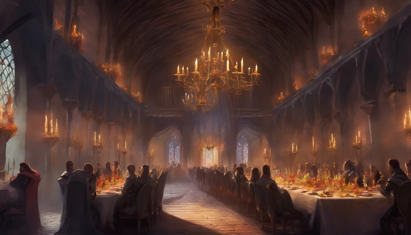 medieval fantasy royal banquet celebration and festivities with bright chandeliers and dark magic aesthetic