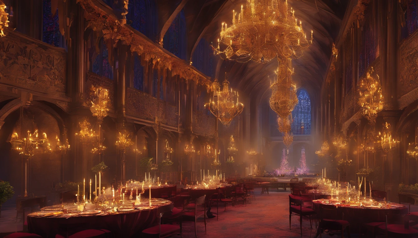 The prompt for the "medieval fantasy royal banquet celebration and festivities with bright chandeliers and dark magic aesthetic" is as follows:
"A grand medieval fantasy royal banquet celebration and festivities unfold in a stunning setting. (best quality, 4k, highres, masterpiece:1.2), ultra-detailed, (realistic, photorealistic, photo-realistic:1.37)"
"Characters: A captivating procession of royalty and nobility fills the room. Kings and queens, princes and princesses, knights and ladies, all elegantly dressed in elaborate medieval garments, symbolizing their power and status. The atmosphere is filled with excitement, joy, and anticipation."
"Scene: The grand hall is beautifully decorated with vibrant tapestries, intricately carved wooden pillars, and exquisite stained glass windows depicting heroic tales of knights and dragons. The room is illuminated by numerous bright chandeliers, casting a warm glow that accentuates the opulence and elegance of the event."
"Magical Elements: Dark magic weaves through the air, subtly adding an enchanting and mysterious ambiance. Ethereal wisps of smoke dance around, enchanting the senses and creating an otherworldly atmosphere. Occasional sparks of mesmerizing fire and glowing runes enhance the mystical experience."
"Color Palette: A rich and regal color palette dominates the scene, with deep purples, royal blues, and vibrant reds adorning the costumes and decorations. Gold accents and shimmering gemstones add a touch of luxury and grandeur."
"Art Style: The scene is conveyed through a masterful combination of traditional painting techniques and modern 3D rendering, blending realism and fantasy seamlessly. The art style captures the intricate details of the costumes, architecture, and magical elements, resulting in a visually stunning composition."
"Lighting: The chandeliers cast a warm and inviting light throughout the grand hall, creating a soft ambience that enhances the festive atmosphere. Subtle shadows and highlights add depth and dimension to the scene, making it come alive with realism."
Feel free to adjust the prompt as needed to ensure it fits the desired theme and includes all the necessary details.