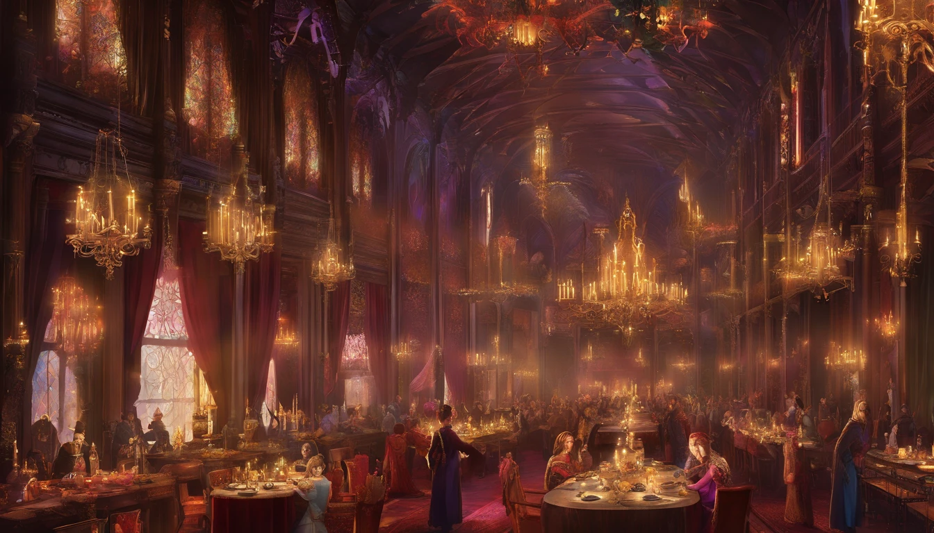 The prompt for the "medieval fantasy royal banquet celebration and festivities with bright chandeliers and dark magic aesthetic" is as follows:
"A grand medieval fantasy royal banquet celebration and festivities unfold in a stunning setting. (best quality, 4k, highres, masterpiece:1.2), ultra-detailed, (realistic, photorealistic, photo-realistic:1.37)"
"Characters: A captivating procession of royalty and nobility fills the room. Kings and queens, princes and princesses, knights and ladies, all elegantly dressed in elaborate medieval garments, symbolizing their power and status. The atmosphere is filled with excitement, joy, and anticipation."
"Scene: The grand hall is beautifully decorated with vibrant tapestries, intricately carved wooden pillars, and exquisite stained glass windows depicting heroic tales of knights and dragons. The room is illuminated by numerous bright chandeliers, casting a warm glow that accentuates the opulence and elegance of the event."
"Magical Elements: Dark magic weaves through the air, subtly adding an enchanting and mysterious ambiance. Ethereal wisps of smoke dance around, enchanting the senses and creating an otherworldly atmosphere. Occasional sparks of mesmerizing fire and glowing runes enhance the mystical experience."
"Color Palette: A rich and regal color palette dominates the scene, with deep purples, royal blues, and vibrant reds adorning the costumes and decorations. Gold accents and shimmering gemstones add a touch of luxury and grandeur."
"Art Style: The scene is conveyed through a masterful combination of traditional painting techniques and modern 3D rendering, blending realism and fantasy seamlessly. The art style captures the intricate details of the costumes, architecture, and magical elements, resulting in a visually stunning composition."
"Lighting: The chandeliers cast a warm and inviting light throughout the grand hall, creating a soft ambience that enhances the festive atmosphere. Subtle shadows and highlights add depth and dimension to the scene, making it come alive with realism."
Feel free to adjust the prompt as needed to ensure it fits the desired theme and includes all the necessary details.