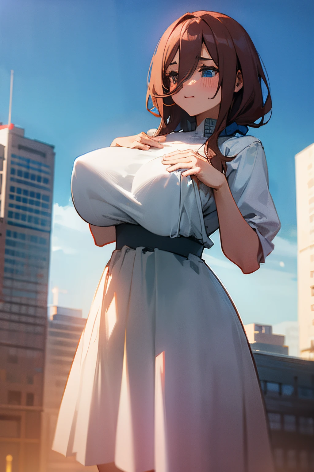 huge breast, giantess, white dress, city in the background