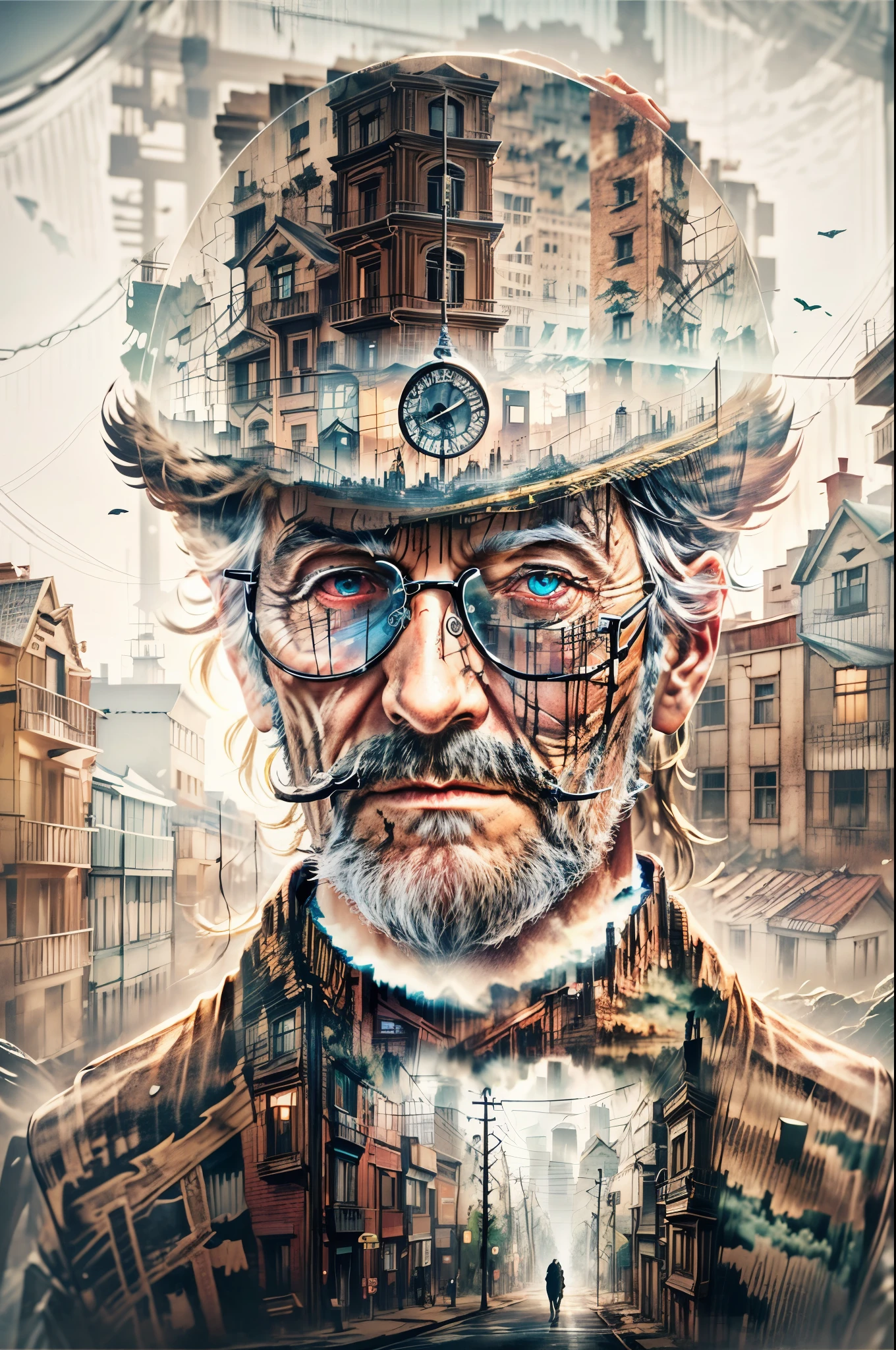 A double exposure image of a steampunk city and a potrait of an old man, white background