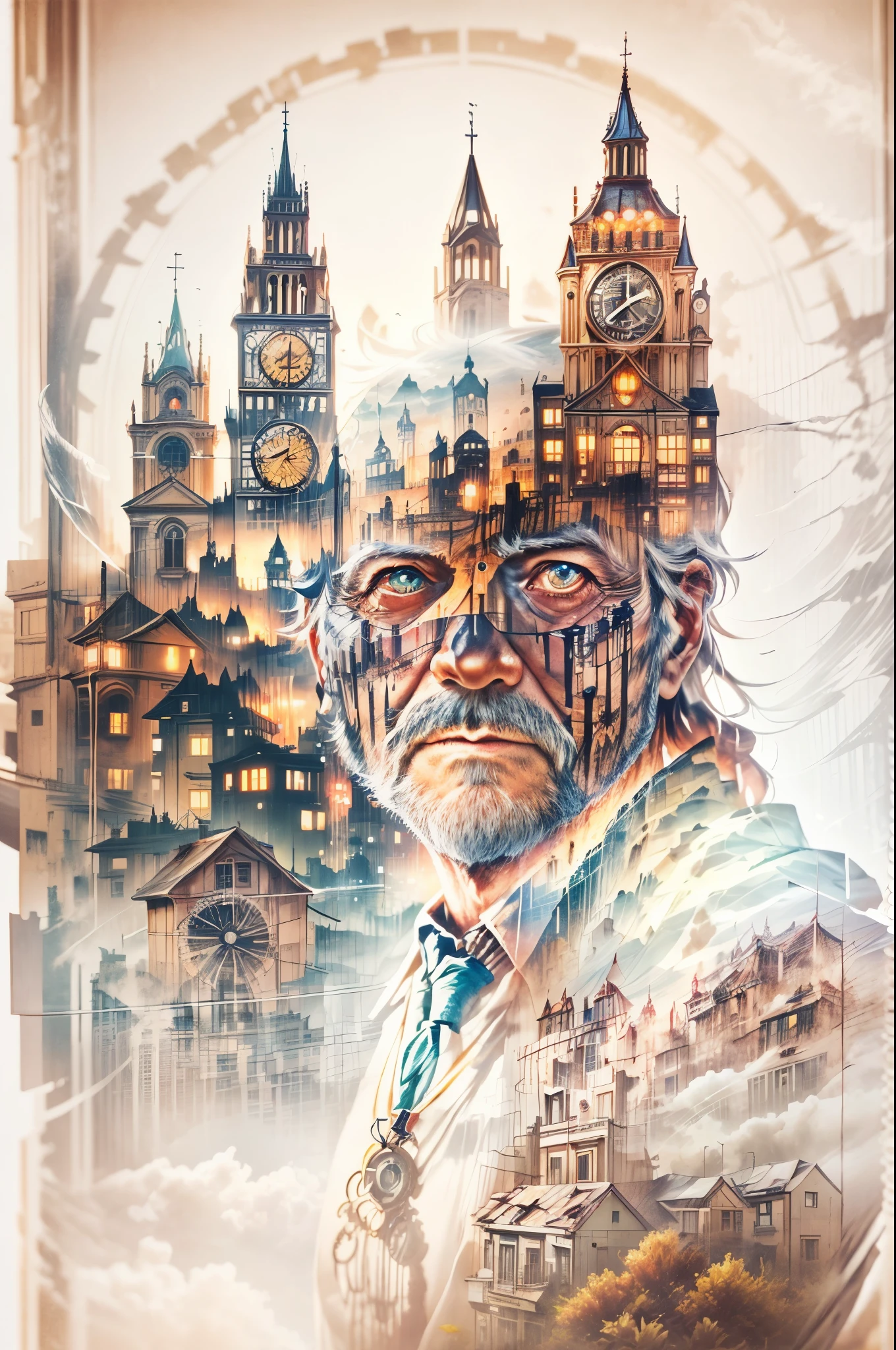 A double exposure image of a steampunk city and a potrait of an old man, white background