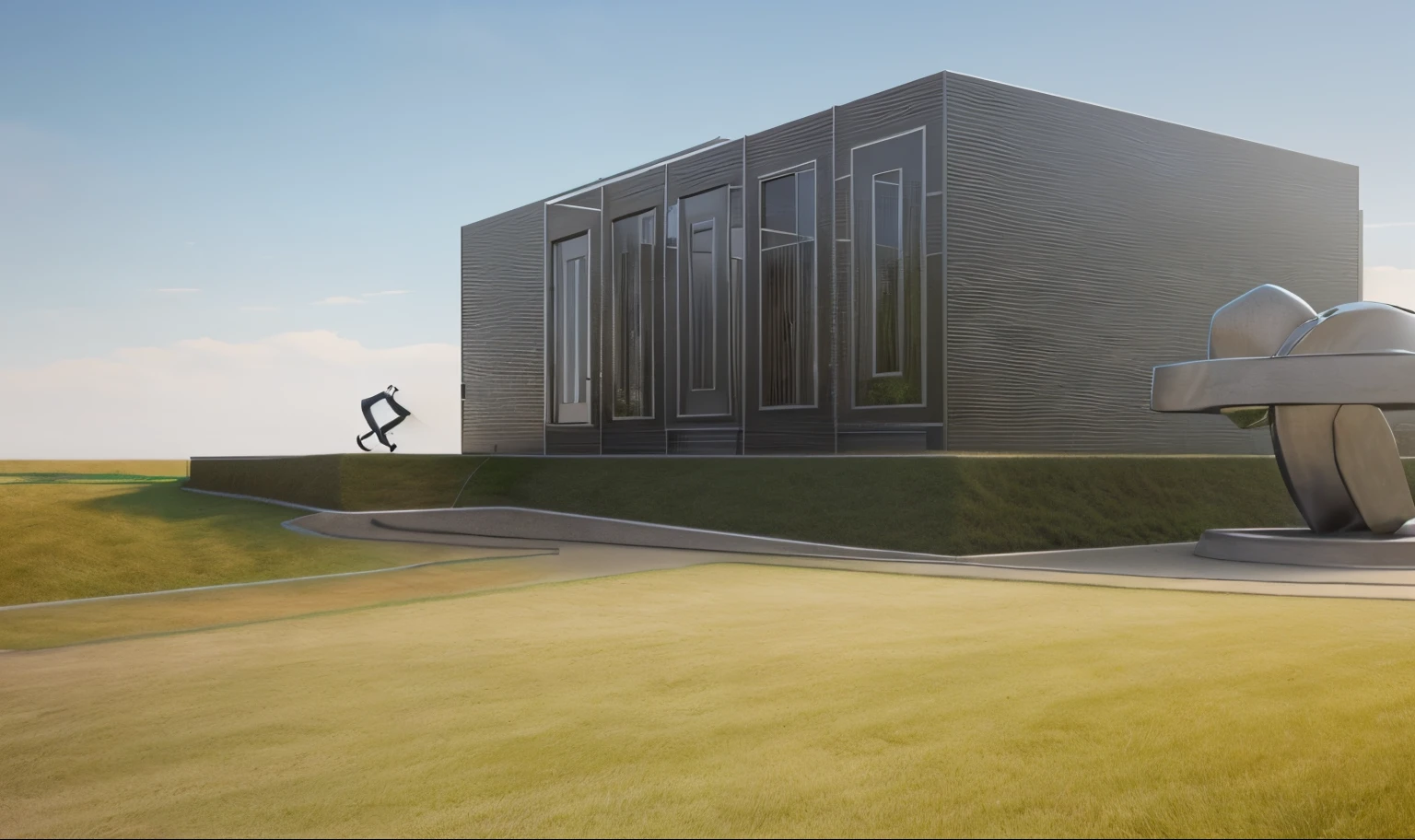 a rendering of a plaza in front of one office building,
stone pathway to building and from right to left,
one steel sculpture on the left and one steel sculpture on the right,
hilly grass between building and plaza,
((nice grass lawn)),
beautiful sky,
daylight, bright daylight,
two-point perspective, human perspective,
realistic, masterpiece, ultra-detailed, 4K, photographic rendering, commercial
rendering,