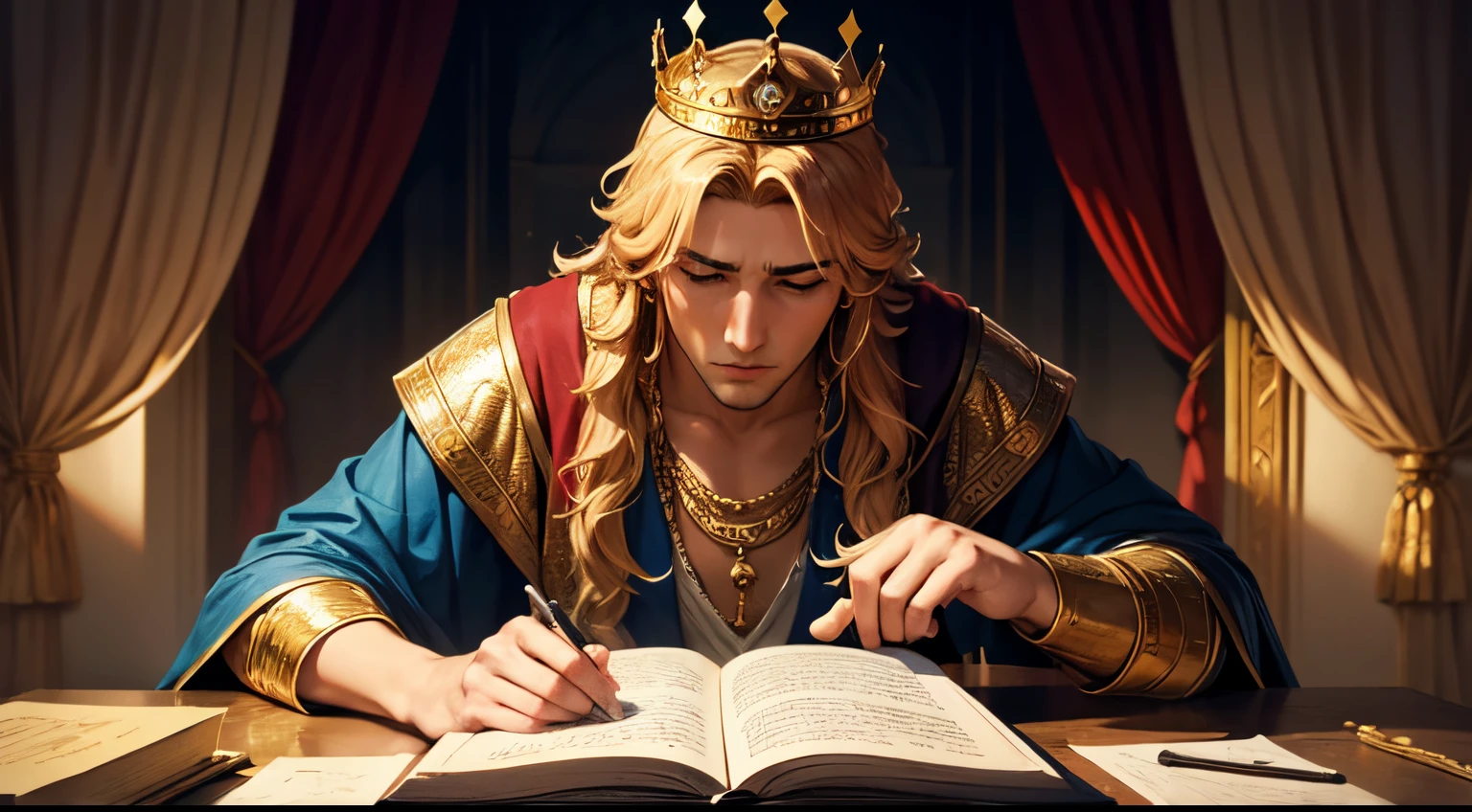 make a picture of king solomon, in a style inspired by biblical descriptions, portraying the possible scenarios and clothing of the time