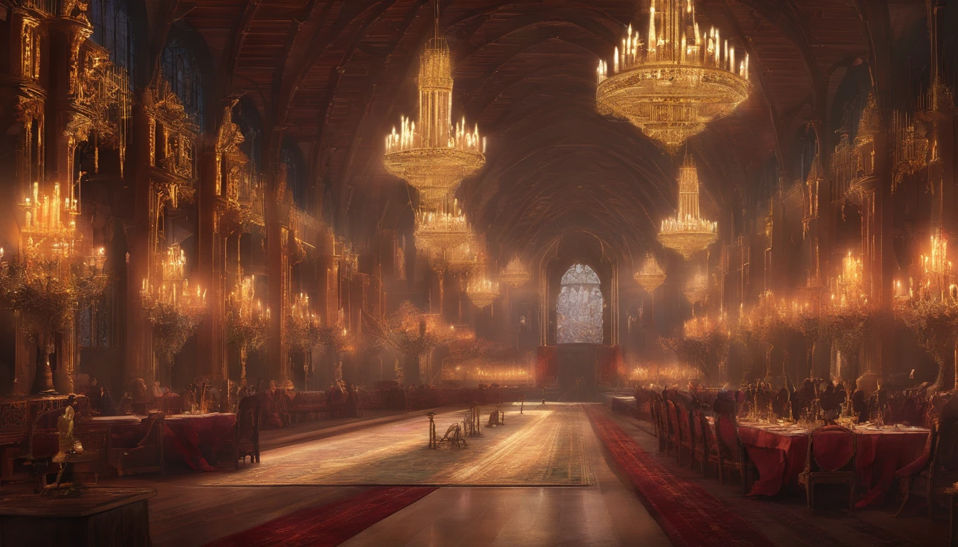 The prompt for the "medieval fantasy royal banquet celebration and festivities with bright chandeliers and dark magic aesthetic" is as follows:
"A grand medieval fantasy royal banquet celebration and festivities unfold in a stunning setting. (best quality, 4k, highres, masterpiece:1.2), ultra-detailed, (realistic, photorealistic, photo-realistic:1.37)"
"Characters: A captivating procession of royalty and nobility fills the room. Kings and queens, princes and princesses, knights and ladies, all elegantly dressed in elaborate medieval garments, symbolizing their power and status. The atmosphere is filled with excitement, joy, and anticipation."
"Scene: The grand hall is beautifully decorated with vibrant tapestries, intricately carved wooden pillars, and exquisite stained glass windows depicting heroic tales of knights and dragons. The room is illuminated by numerous bright chandeliers, casting a warm glow that accentuates the opulence and elegance of the event."
"Magical Elements: Dark magic weaves through the air, subtly adding an enchanting and mysterious ambiance. Ethereal wisps of smoke dance around, enchanting the senses and creating an otherworldly atmosphere. Occasional sparks of mesmerizing fire and glowing runes enhance the mystical experience."
"Color Palette: A rich and regal color palette dominates the scene, with reds adorning the costumes and decorations. Gold accents and shimmering gemstones add a touch of luxury and grandeur."
"Art Style: The scene is conveyed through a masterful combination of traditional painting techniques and modern 3D rendering, blending realism and fantasy seamlessly. The art style captures the intricate details of the costumes, architecture, and magical elements, resulting in a visually stunning composition."
"Lighting: The chandeliers cast a warm and inviting light throughout the grand hall, creating a soft ambience that enhances the festive atmosphere. Subtle shadows and highlights add depth and dimension to the scene, making it come alive with realism."
Feel free to adjust the prompt as needed to ensure it fits the desired theme and includes all the necessary details.