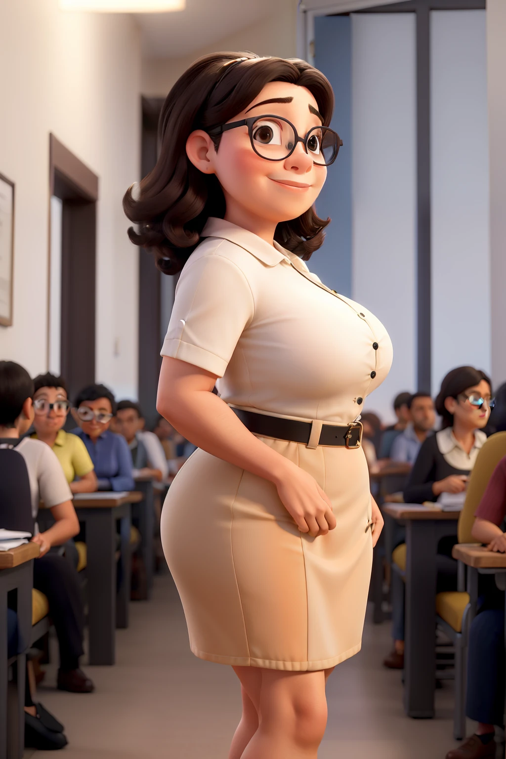 Obra-prima, de melhor qualidade, Obra-prima, de melhor qualidade, uma mulher 35 anos, gorda pesando 100 kilos , cabelo cor de laranja com cachos, sardas no rosto, nariz achatado, bespectacled , vestindo roupa de professora em frente a um quadro negro m uma sala de aula