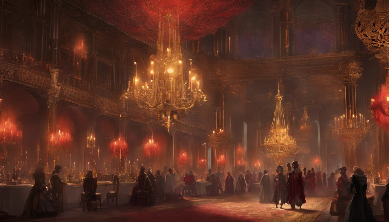 The prompt for the "medieval fantasy royal banquet celebration and festivities with bright chandeliers and dark magic aesthetic" is as follows:

"A grand medieval fantasy royal banquet celebration and festivities unfold in a stunning setting. (best quality, 4k, highres, masterpiece:1.2), ultra-detailed, (realistic, photorealistic, photo-realistic:1.37)"

"Characters: A captivating procession of royalty and nobility fills the room. Kings and queens, princes and princesses, knights and ladies, all elegantly dressed in elaborate medieval garments, symbolizing their power and status. The atmosphere is filled with excitement, joy, and anticipation."

"Scene: The grand hall is beautifully decorated with vibrant tapestries, intricately carved wooden pillars, and exquisite stained glass windows depicting heroic tales of knights and dragons. The room is illuminated by numerous bright chandeliers, casting a warm glow that accentuates the opulence and elegance of the event."

"Magical Elements: Dark magic weaves through the air, subtly adding an enchanting and mysterious ambiance. Ethereal wisps of smoke dance around, enchanting the senses and creating an otherworldly atmosphere. Occasional sparks of mesmerizing fire and glowing runes enhance the mystical experience."

"Color Palette: A rich and regal color palette dominates the scene, with reds adorning the costumes and decorations. Gold accents and shimmering gemstones add a touch of luxury and grandeur."

"Art Style: The scene is conveyed through a masterful combination of traditional painting techniques and modern 3D rendering, blending realism and fantasy seamlessly. The art style captures the intricate details of the costumes, architecture, and magical elements, resulting in a visually stunning composition."

"Lighting: The chandeliers cast a warm and inviting light throughout the grand hall, creating a soft ambience that enhances the festive atmosphere. Subtle shadows and highlights add depth and dimension to the scene, making it come alive with realism."

Feel free to adjust the prompt as needed to ensure it fits the desired theme and includes all the necessary details.