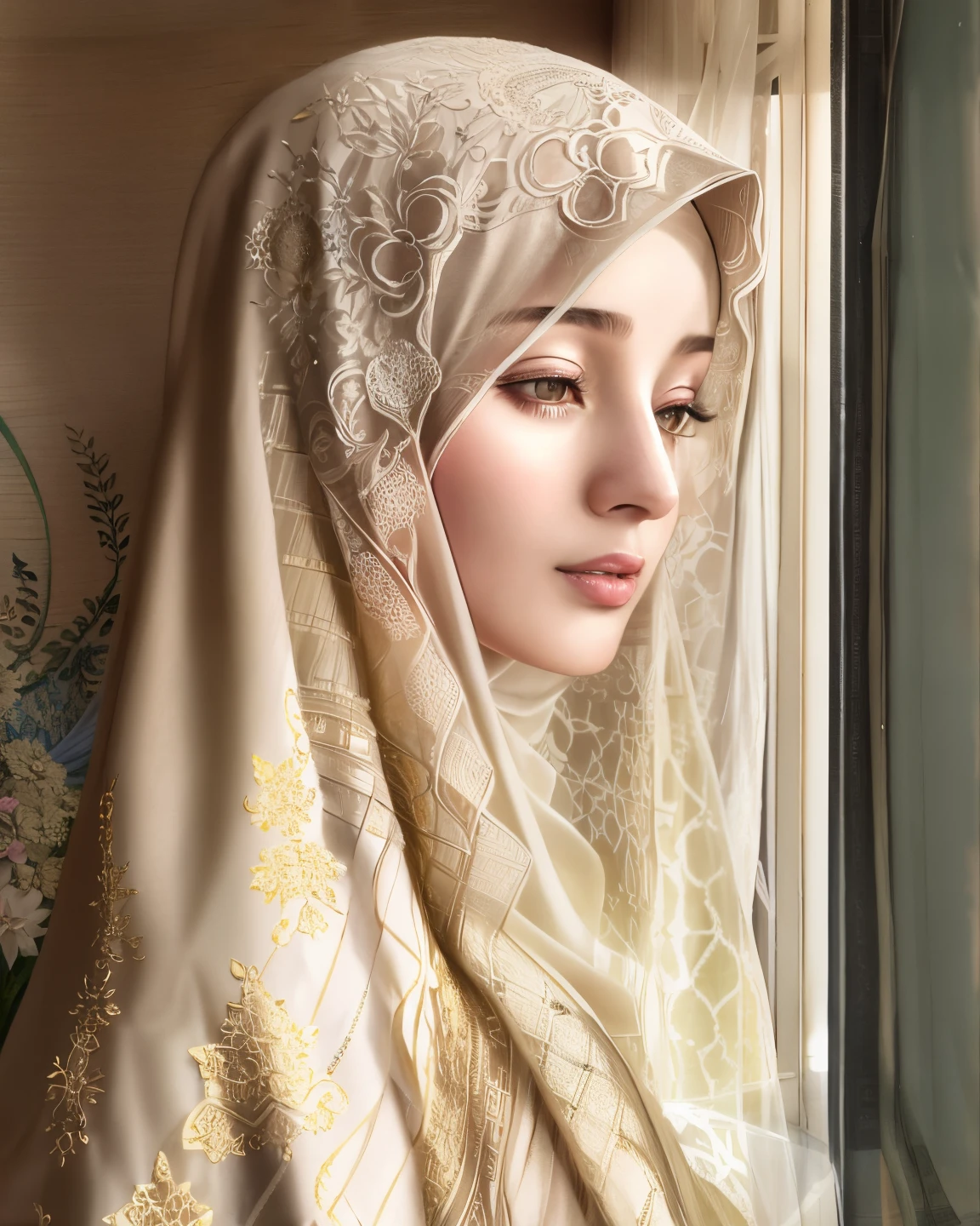 there is a woman wearing a hijab looking out a window, hijab, veiled, white hijab, veiled face, beautiful delicate face, very beautiful girl, lovely delicate face, pale-skinned persian girl, beautiful arab woman, beautiful, high quality portrait, portait photo profile picture, traditional beauty, very extremely beautiful, muslim, beautifully, beautiful girl, beautiful image