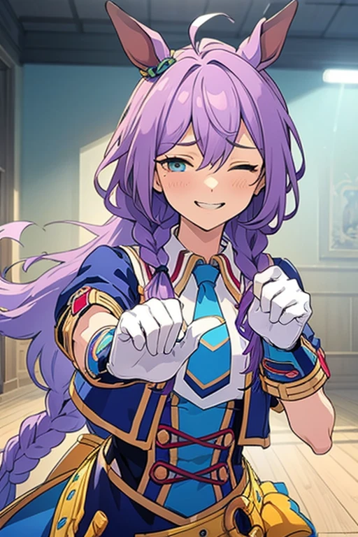 long hair, mole under mouth, purple hair, single braid, hair between eyes, teal eyes, sharp teeth, ahoge, blush, smile, cowboy shot, best quality,masterpiece, high res,original, beautiful detailed eyes,ultra-detailed, (glorious azure), 1girl, solo, short sleeves, blue necktie, short necktie, blue jacket, cropped jacket, shirt, collared shirt, dress, looking at viewer, smile, breasts, standing, upper body, moe moe kyun!,  heart_gesture,  finger_heart, one eye closed, horse ears