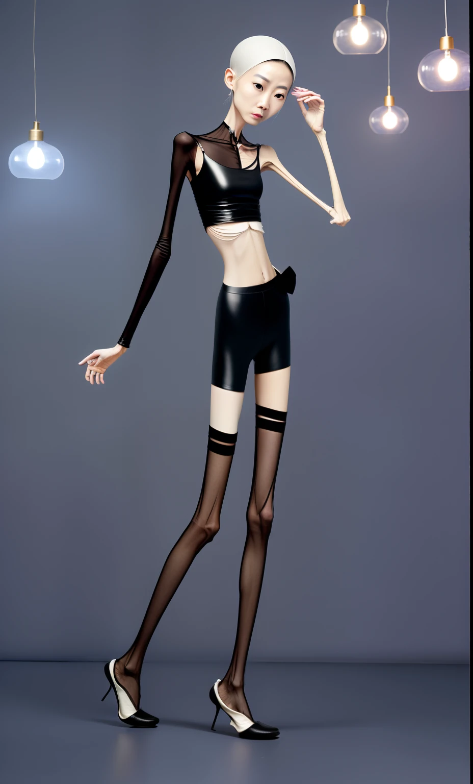 Skinny thin narrow body. Unrealistically very long stick-thin legs in tights. in heels. naked. cute face.