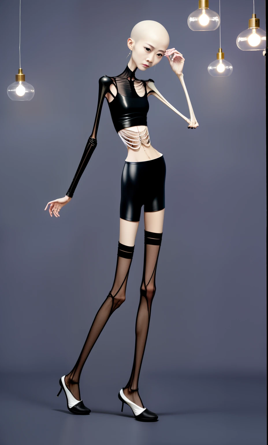very thin woman,A thin body,Protruding sternum,The waist is very thin,The ribs are noticeable,Protruding ribs,The pelvic protrusion is very obvious,The pelvis is markedly elevated,Legs are just skin and bones,White skin of the,thin shoulde,The waist is very thin,Sunken abdomen,Delicate arms,arm muscle atrophy,hunger,The lower abdomen is depressed,short detailed hair,Wear tight leather pants,Wearing black stockings,Wear slippers,Asia face,The waist is particularly thin,angry look,weeping,Excessive weight loss,The face is sunken and thin,Severe malnutrition,hunger