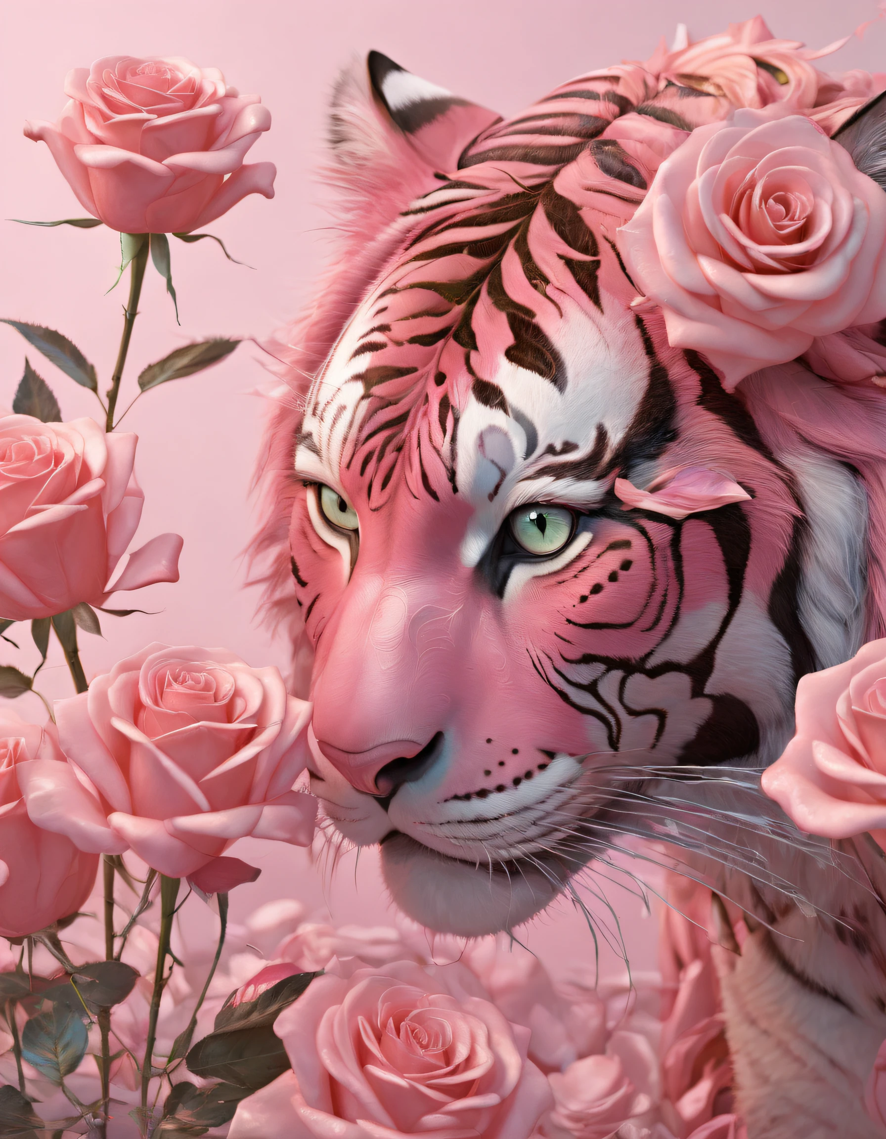 tigre,Rosa flower,(double contact:1.8),Tiger sniffing roses,Complex illustrations in surrealist art style,Surreal dreams
