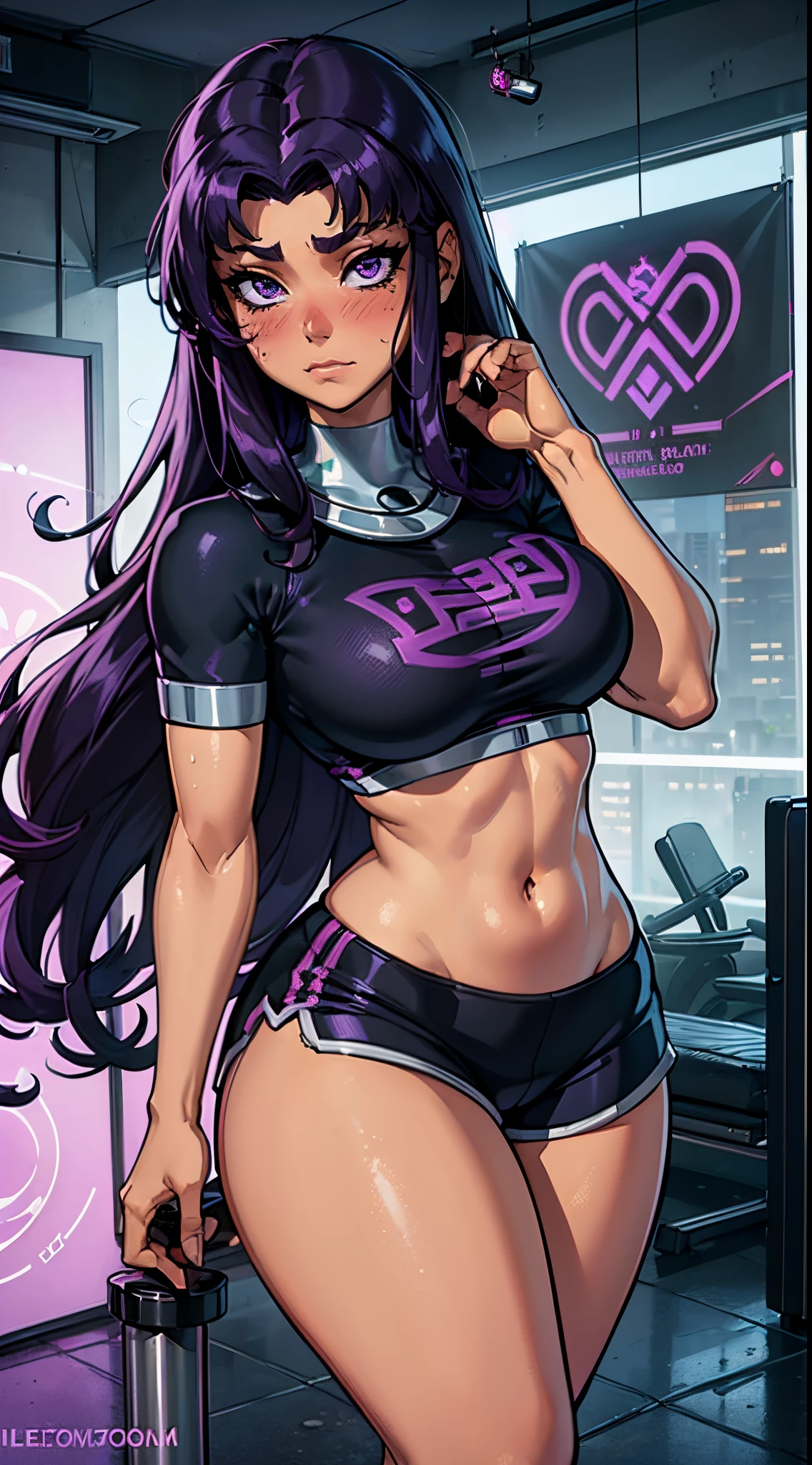 (melhor qualidade:1.3), (qualidade 4K), Blackfire by teen titans, ((face detailed)), ((body curvy)), ((blush)), (peitos), ((purple hair long)), sexy, ((gym shorts)), ((city)),