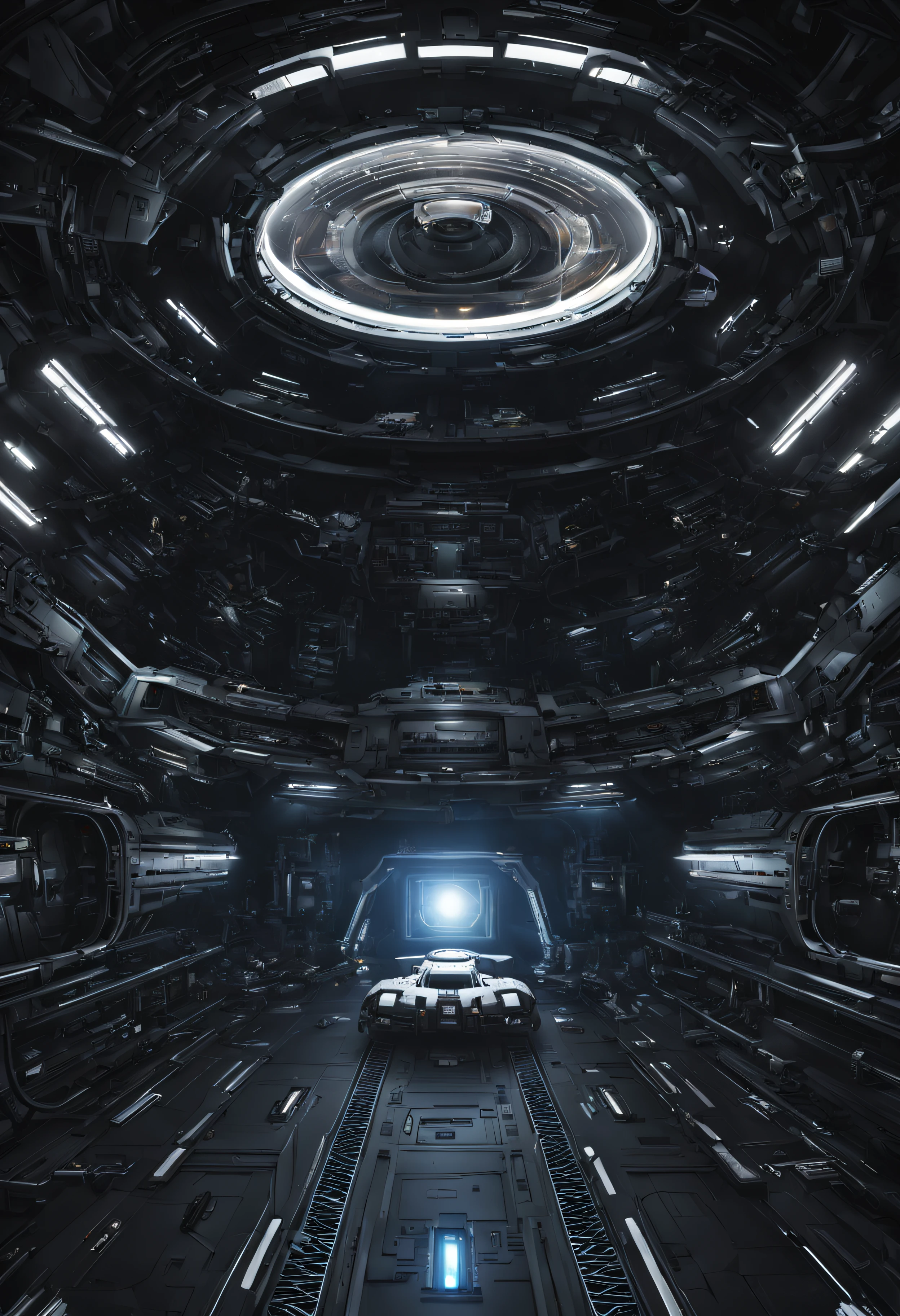 Ultra-detailed, technology, 4k, HD, black background, in the center of the scene a space ship in perspective
