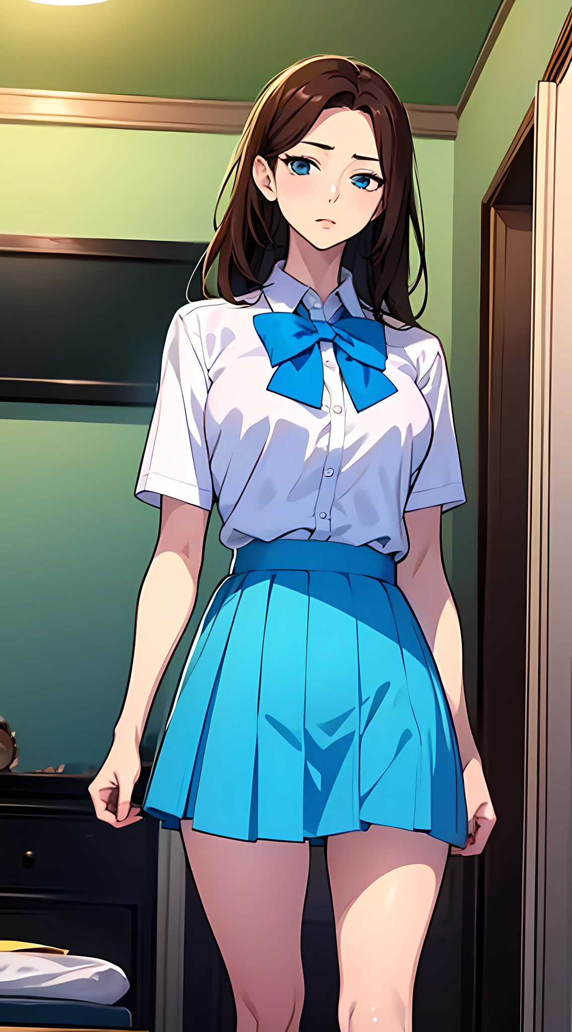 1girl, korean girl, manhwa girl, korean, aunt june, june, wearing uniform, light skyblue skirt, wearing shirt, white shirt, bow, bowtie, manhwa, manhwa art style