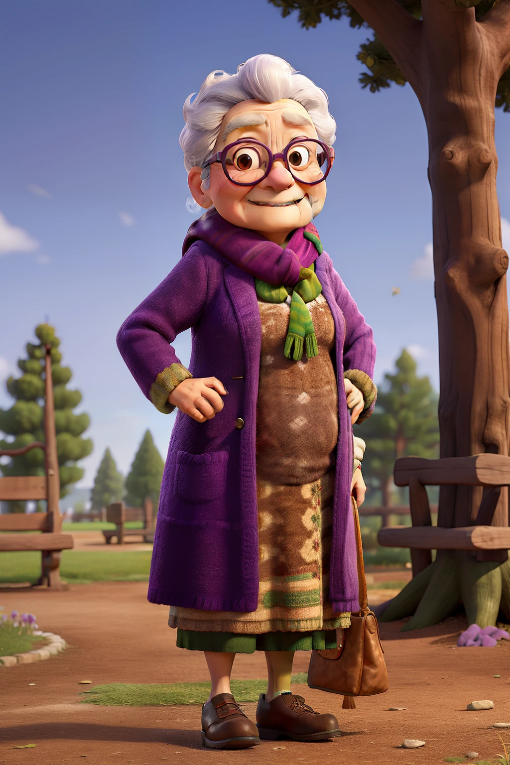 masterpiece, best quality, an old woman with glasses and a scarf on, wearing a purple coat and green scarf, standing at the park