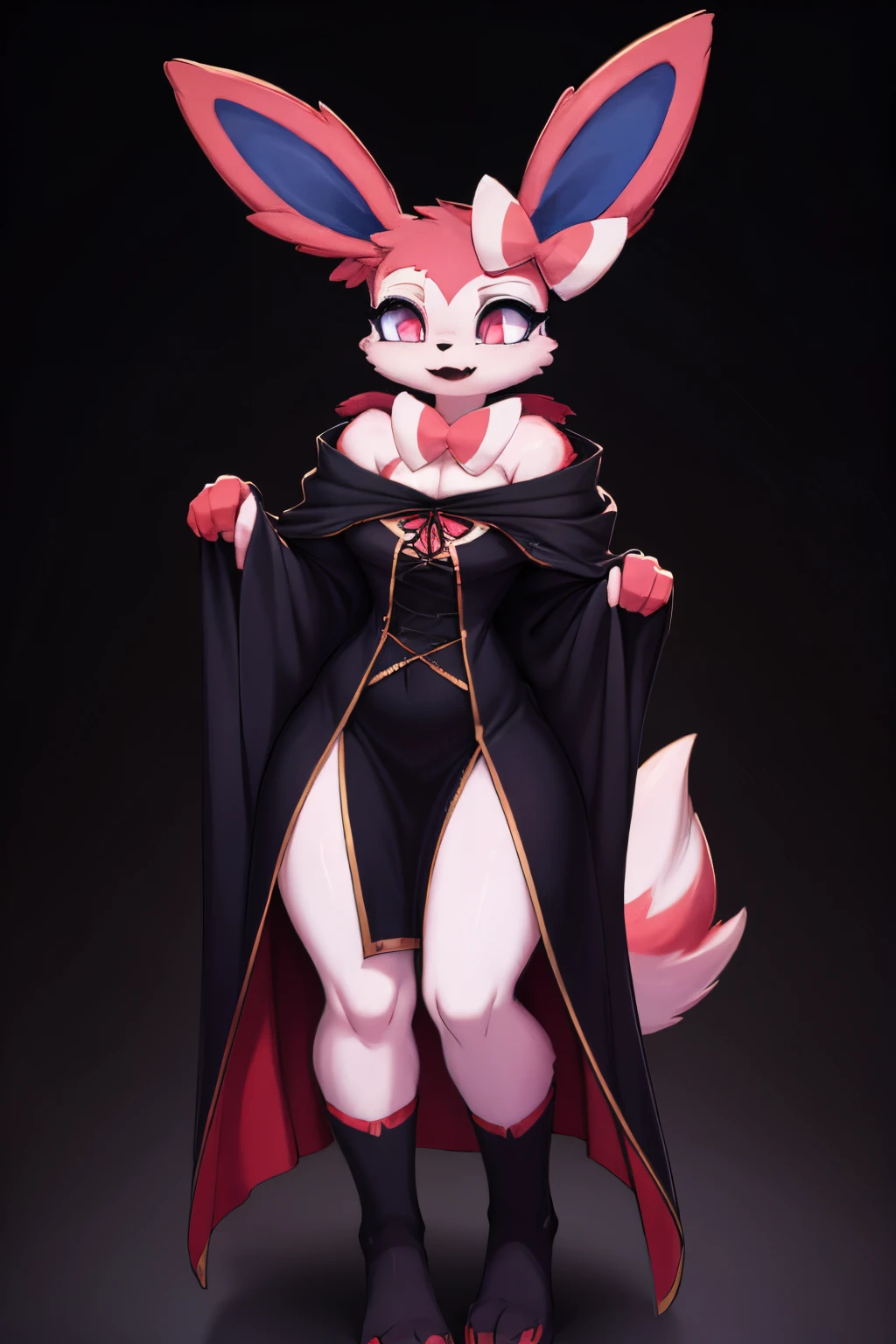 Sylveon female vampire red eyes big fangs black cloak goggles one character dark background full body