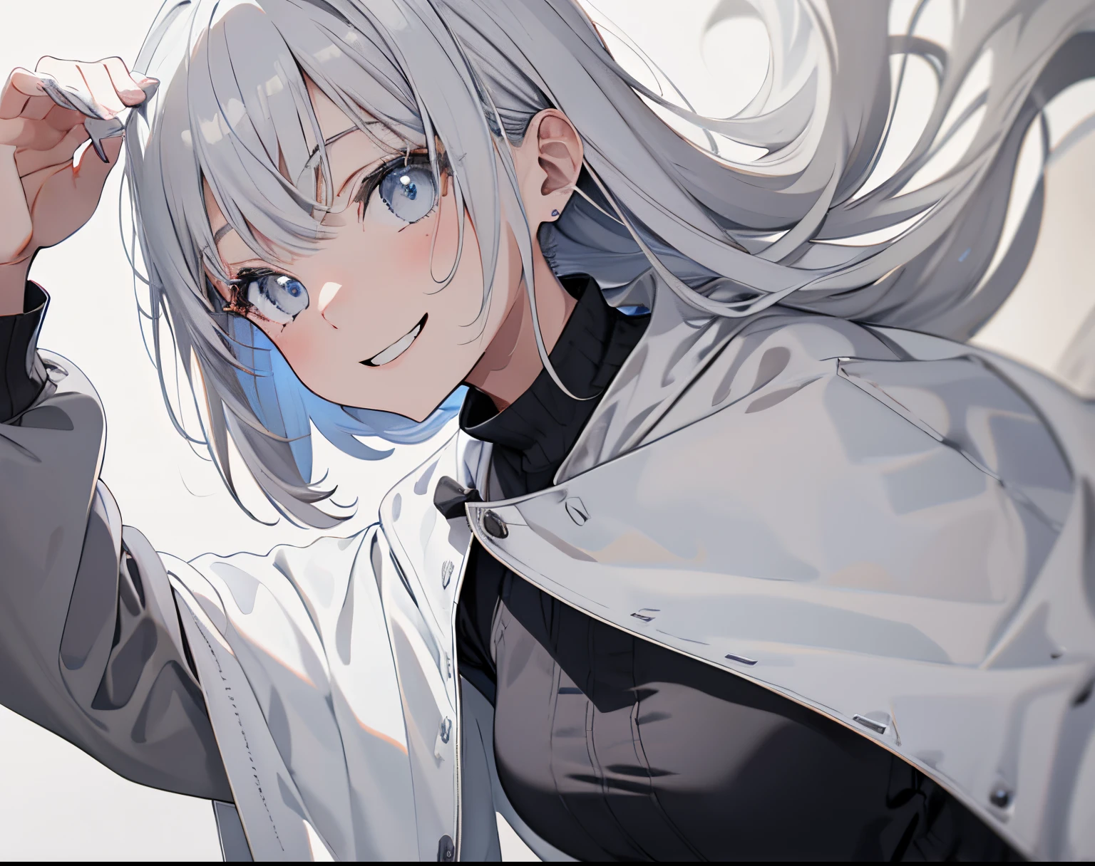 【Highest Quality, masutepiece】 [girl, Manteau, expressioness, blue eyes, front facing, ash gray hair, Walking, Upper body] (Gray white background:1.7), smile with teeth, 1 girl in,