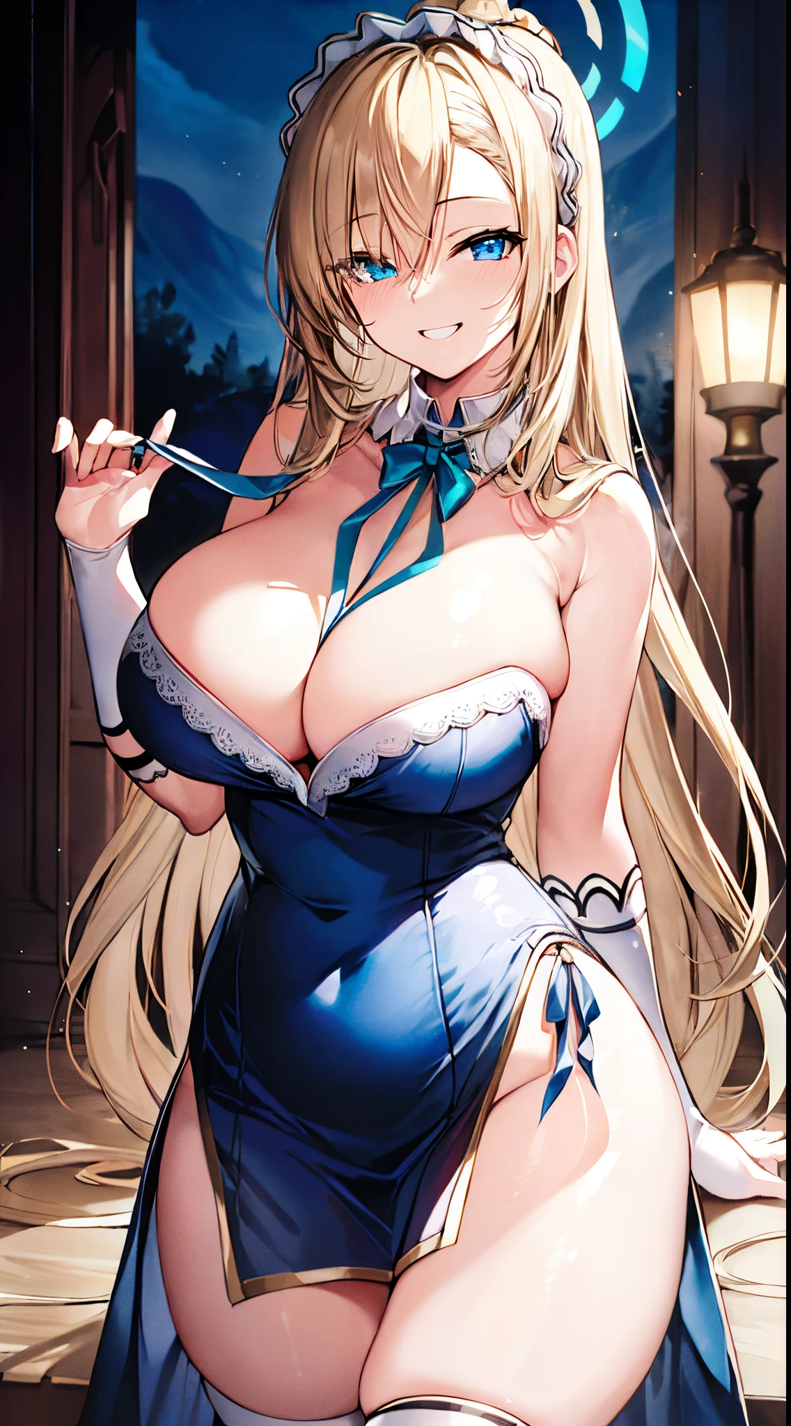 ((Best quality, 8K, tmasterpiece: 1.4)),((Stunningly detailed: 1.3)),((lamplight,Large breasts,: 1.2)),((A high resolution: 1.1)),(bluearchive),1 plump girl,Asuna Ichinose,with a halo on his head,Sexy maid outfit,With long bangs,((Long blonde hair)),evilsmile,face flushed, half closed eye,Cyan eyes,sexy for,Grinning,The content is very detailed,Exquisite,delicated face,style of anime,depth of fields,