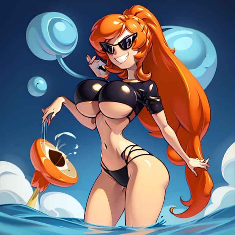 2girls, (1girl, sunnymiamitf, huge breasts, narrow waist, wide hips, Sunglasses, teeth, straight hair, short hair, orange hair, black strapless bikini), (1girl, sunnymiamitf, huge breasts, narrow waist, wide hips, Sunglasses, teeth, straight hair, very long hair, blonde hair, ponytail, blue strapless bikini), beach